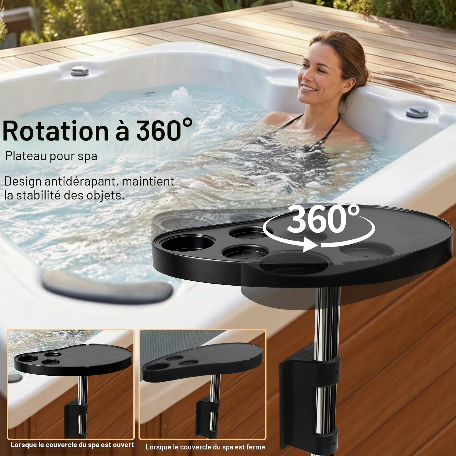 Plateau de jacuzzi avec support de téléphone, table d'appoint spa avec porte-gobelets, rotation à 360°, accessoire réglable pour jacuzzi extérieur et jacuzzi