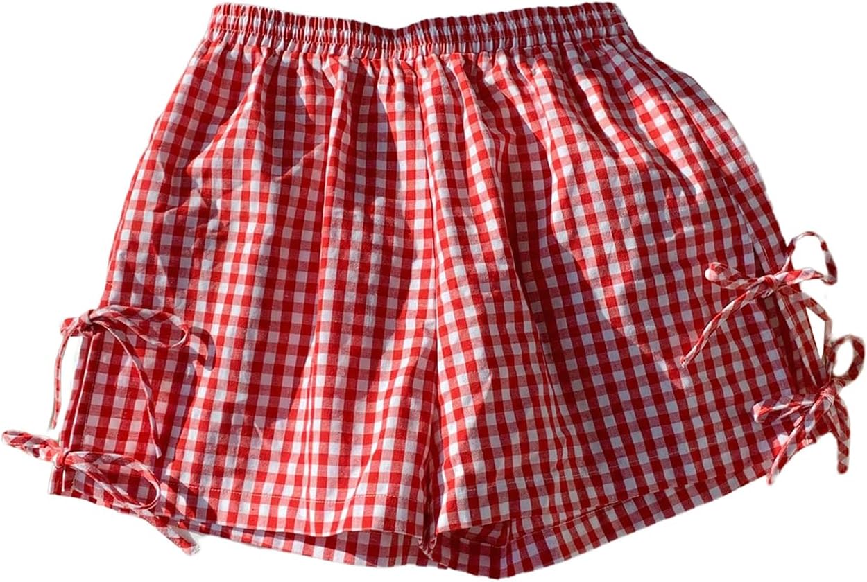 Women's Plus Size Vacation Gingham Plaid Shorts Bow Tie Split Y2k Wide Leg Shorts
