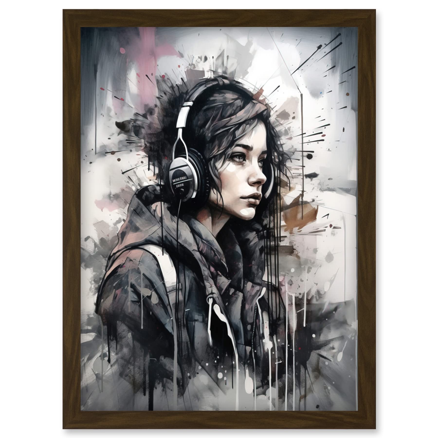 Artery8 Teenager Girl in Black Hoodie Listening to Music through Headphones Modern Watercolour Painting Artwork Framed Wall Art Print A4