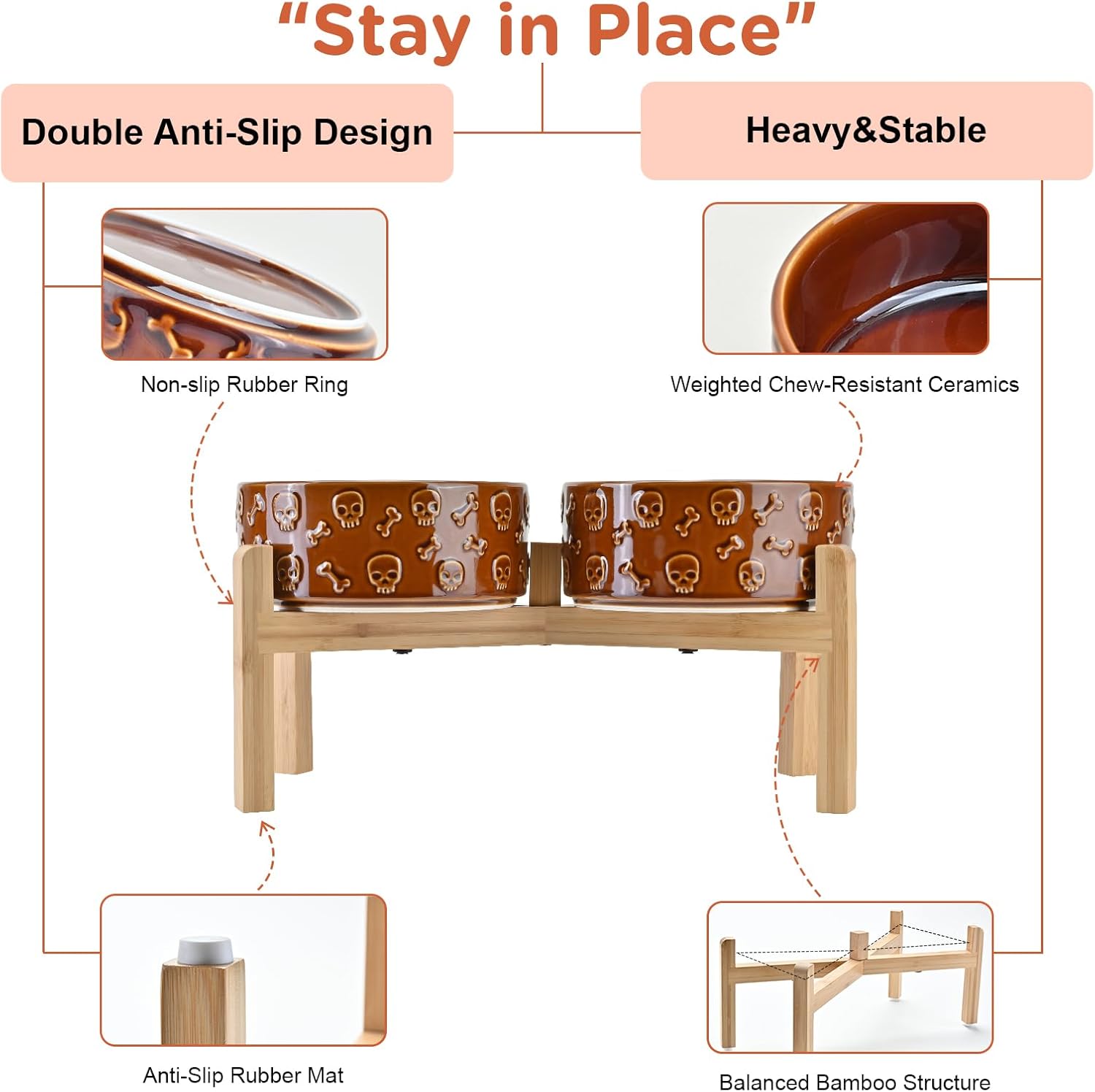 SPUNKYJUNKY Elevated Dog Bowls Ceramic, 7.3'' Dogs Food Water Bowls Raised with Non-Slip Bamboo Stand for Medium to Large Sized Breed Microwave Dishwasher Safe - 42 OZ,Skull Bronze