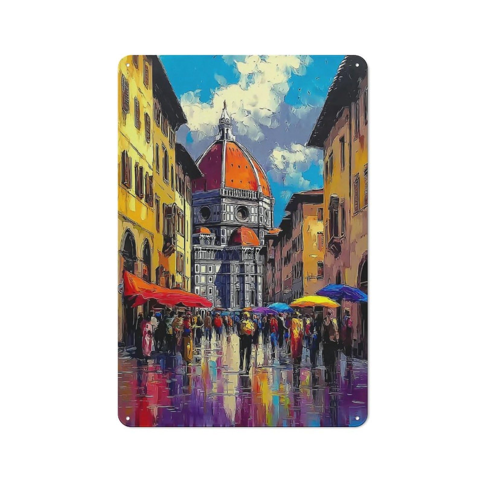 Junmoney Florence's Iconic Dome Reflects In Wet Street Rustic Tin Wall Plaque 30X20cm Featuring S For Pub Or Café, A Decorative Christmas Gift For Café Interior Fans
