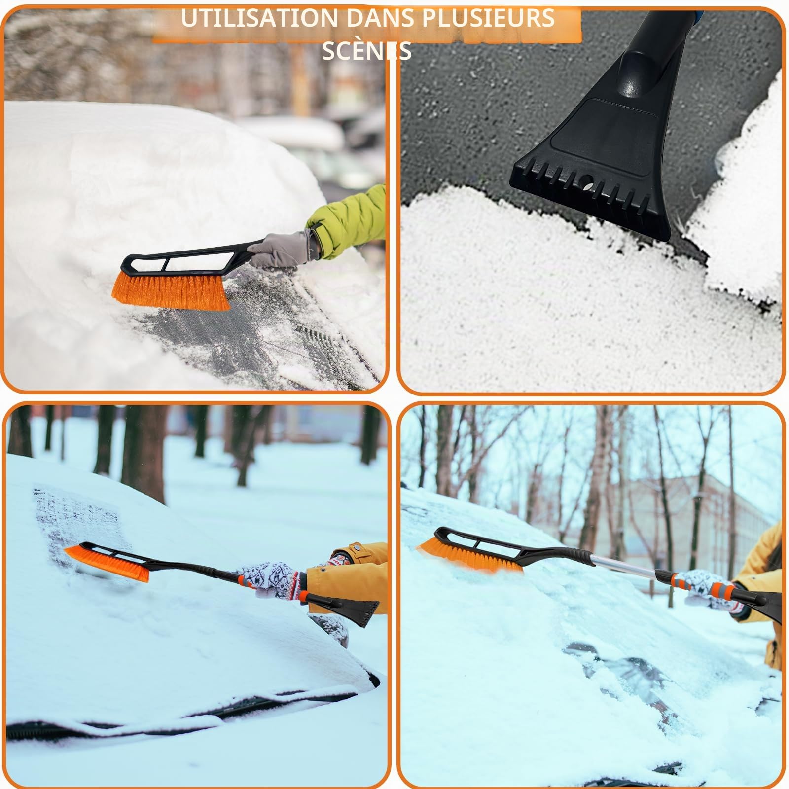 Grattoir Pare Brise Voiture Telescopique,2 en 1 Raclette Vitre Voiture Gratte Glace et Brosse à Neige avec Gant,Balai Neige Voiture,Dégivreur Pare Brise 78-93 cm (Orange)