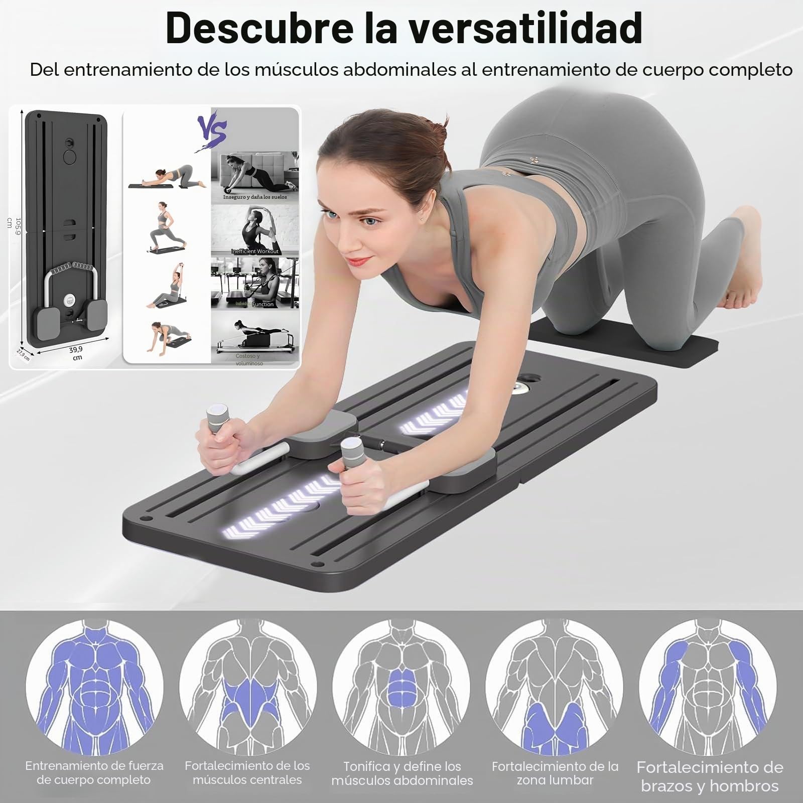 VHV Pilates Reformar Compacto, 5 en 1 Pilates Plegable,La rueda abdominal push-up rebota automáticamente temporizador, Ab Roller Fitness Material para el hogar y el gimnasio
