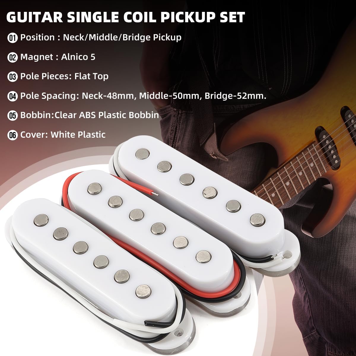 Alnico 5 Strat Pickup Single Coil Pickups Set SSS for Stratocaster Electric Guitar Replacement Part (White)
