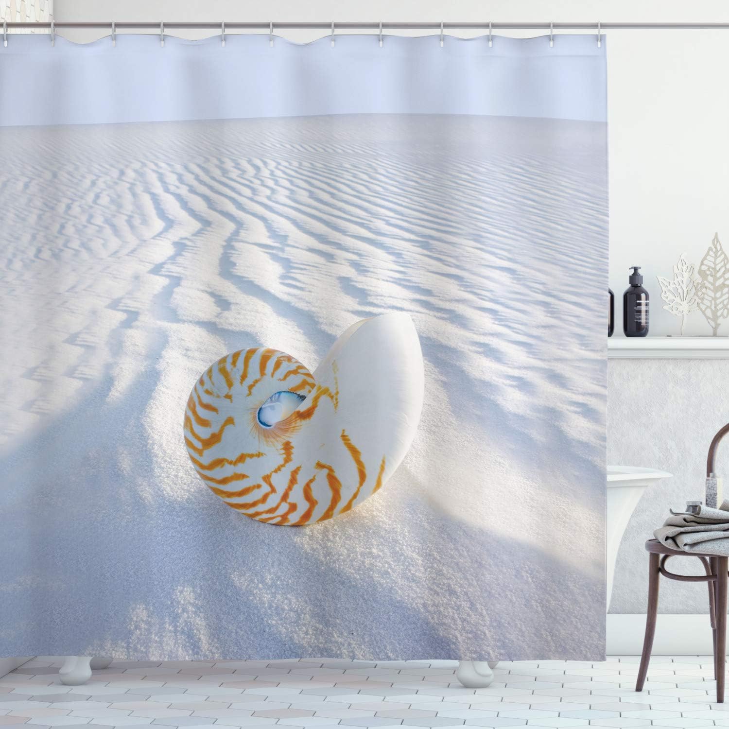 Ambesonne Seashells Shower Curtain, Nautilus Spiral Shell Sand Dune Seashore Beach Marine Pattern and Natural, Cloth Fabric Bathroom Decor Set with Hooks, 69" W x 75" L, Purple Blue Dust
