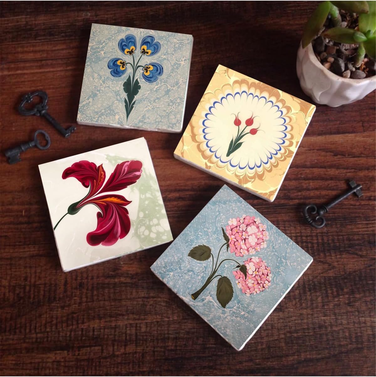 Pinecone Marble Art, Pink Hydrangea Flower, Tulip Stone Coaster Set - 4 Pieces - Decorative, Rustic Kitchen Accessory, 4x4 Inches, Non-Slip Backing, Stylish and Durable SC576