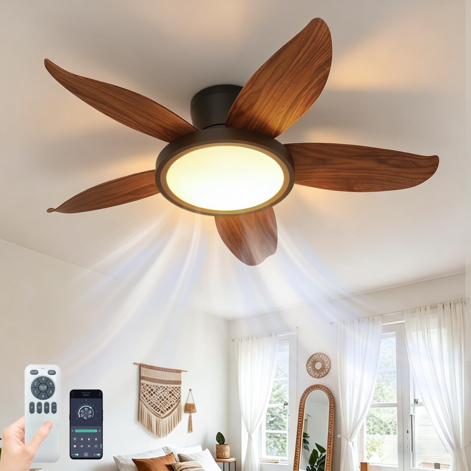 ZOMLBOF Bedroom Quiet Ceiling Fan with Light, 88 CM,5 Blades, 6-Speed Reversible Fan Light with Timer, App Remote,Dimmable LED Light Fan with Memory Function,for Lounges and Living Rooms Walnut