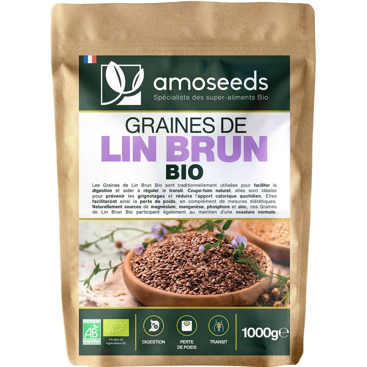 Graines de Lin brun Entières BIO 1kg | Oméga-3 Fibres | Sans Gluten Crues