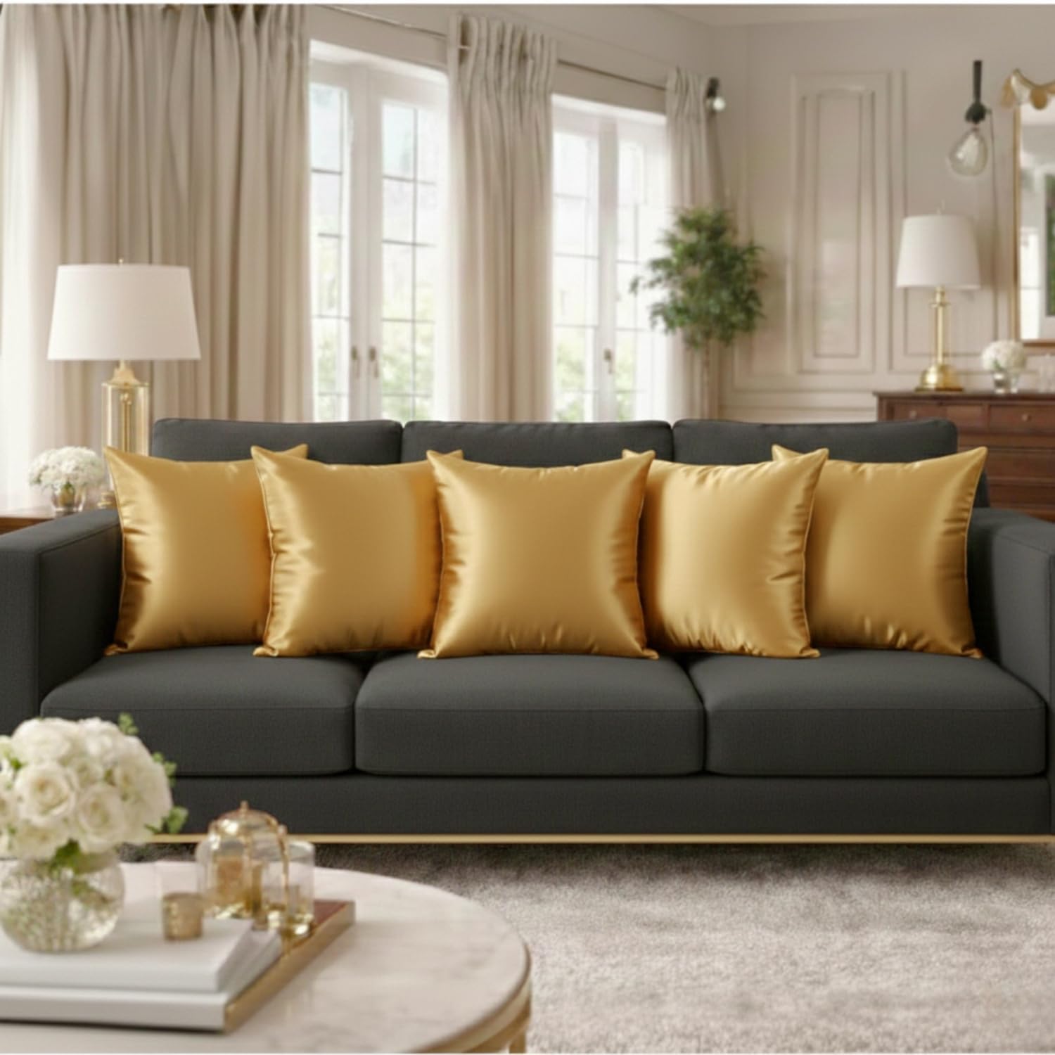 BLACKSMITH Gold Solid Satin Cushion Cover with Back Zipper - 16 inches x 16 inches, Pack of 2 Cushion Covers-picture-11