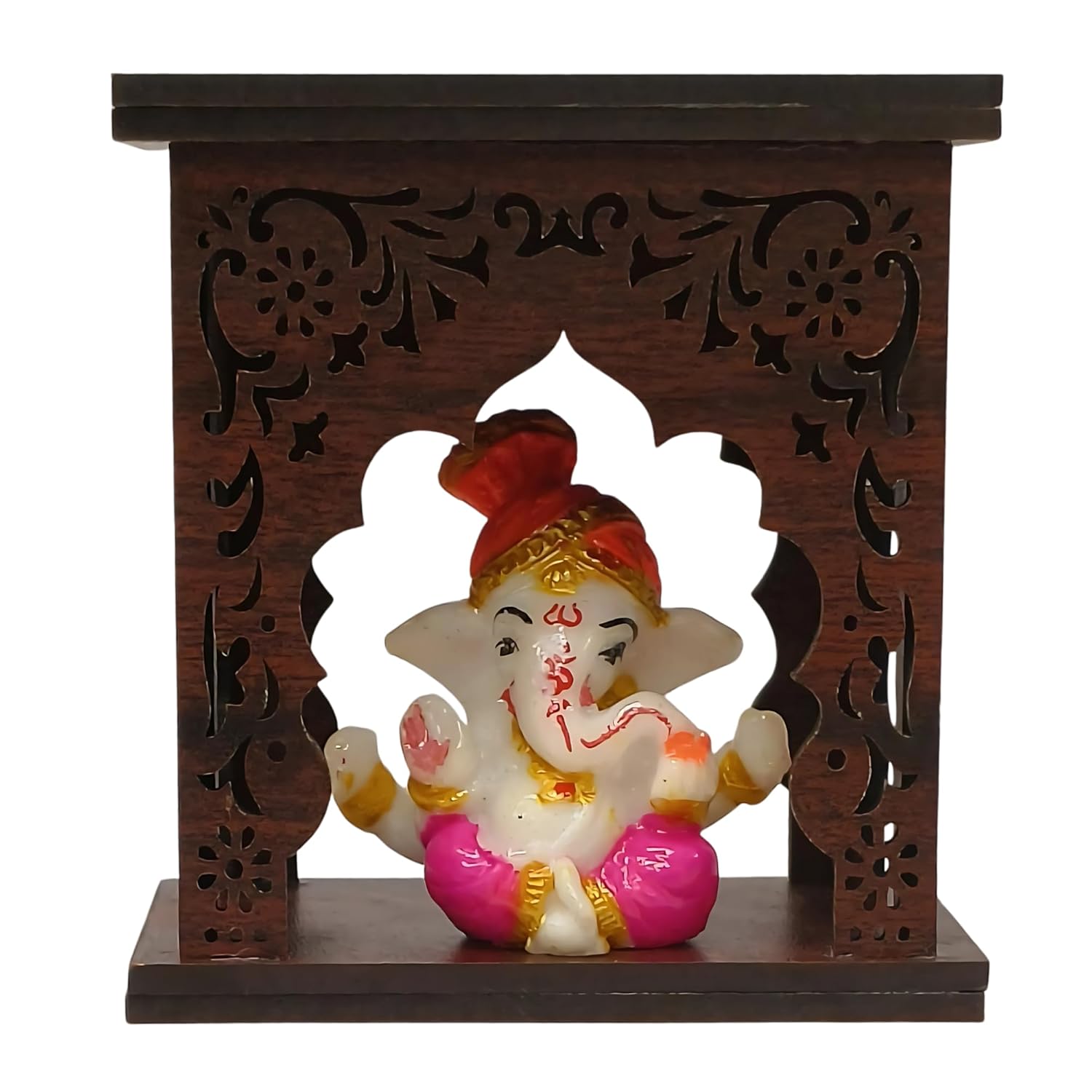 EXPLEASIA Pagadi Ganesha Idol with Wooden Temple for Home mandir| car Dashboard| Gift Items | Festival Item| showpiece| Temple Decor