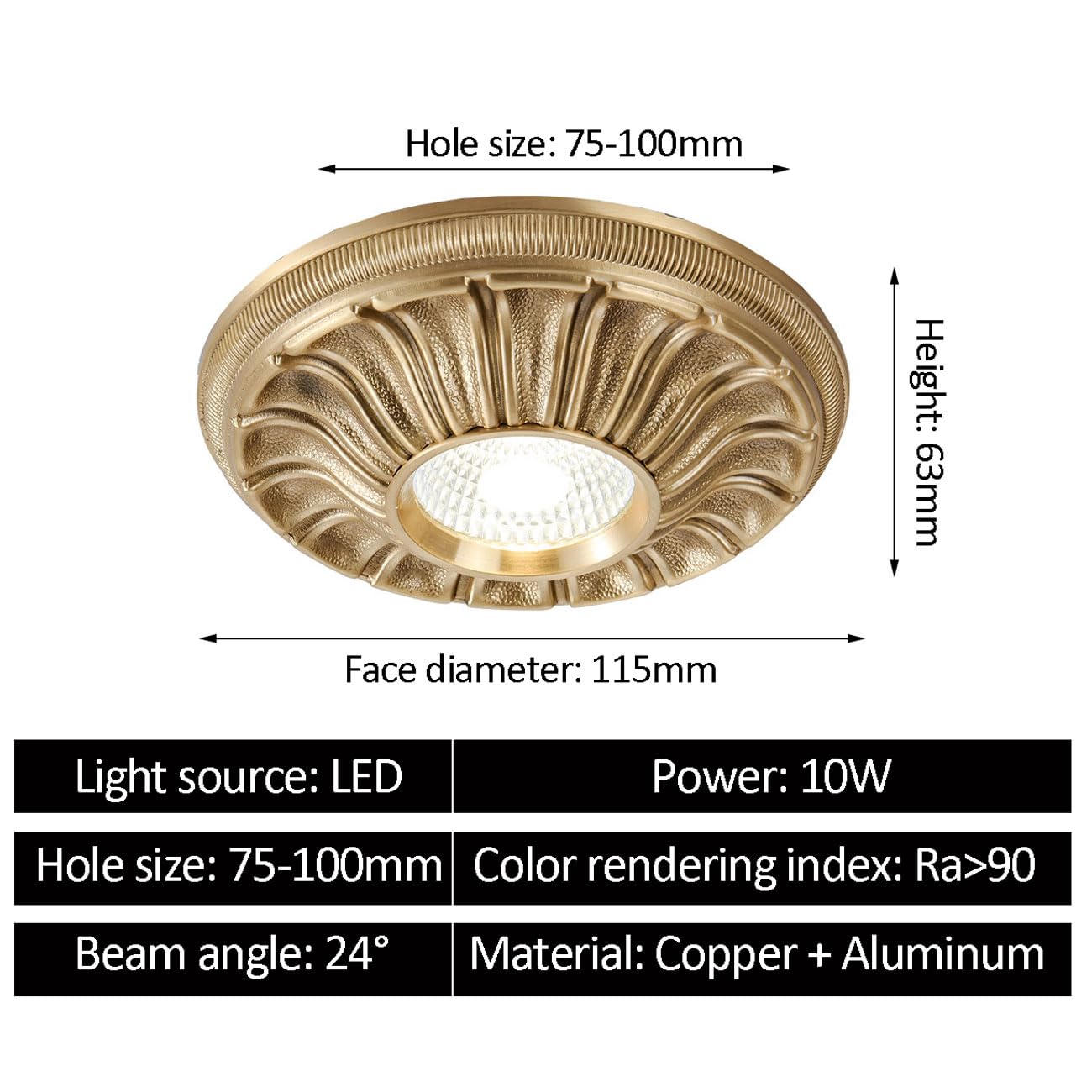 Focos Led Empotrables para Techos, Redondos, De Latón Cepillado. Diámetro Exterior: 115 Mm, Tamaño del Orificio De Corte: 75-100 Mm.,Gold