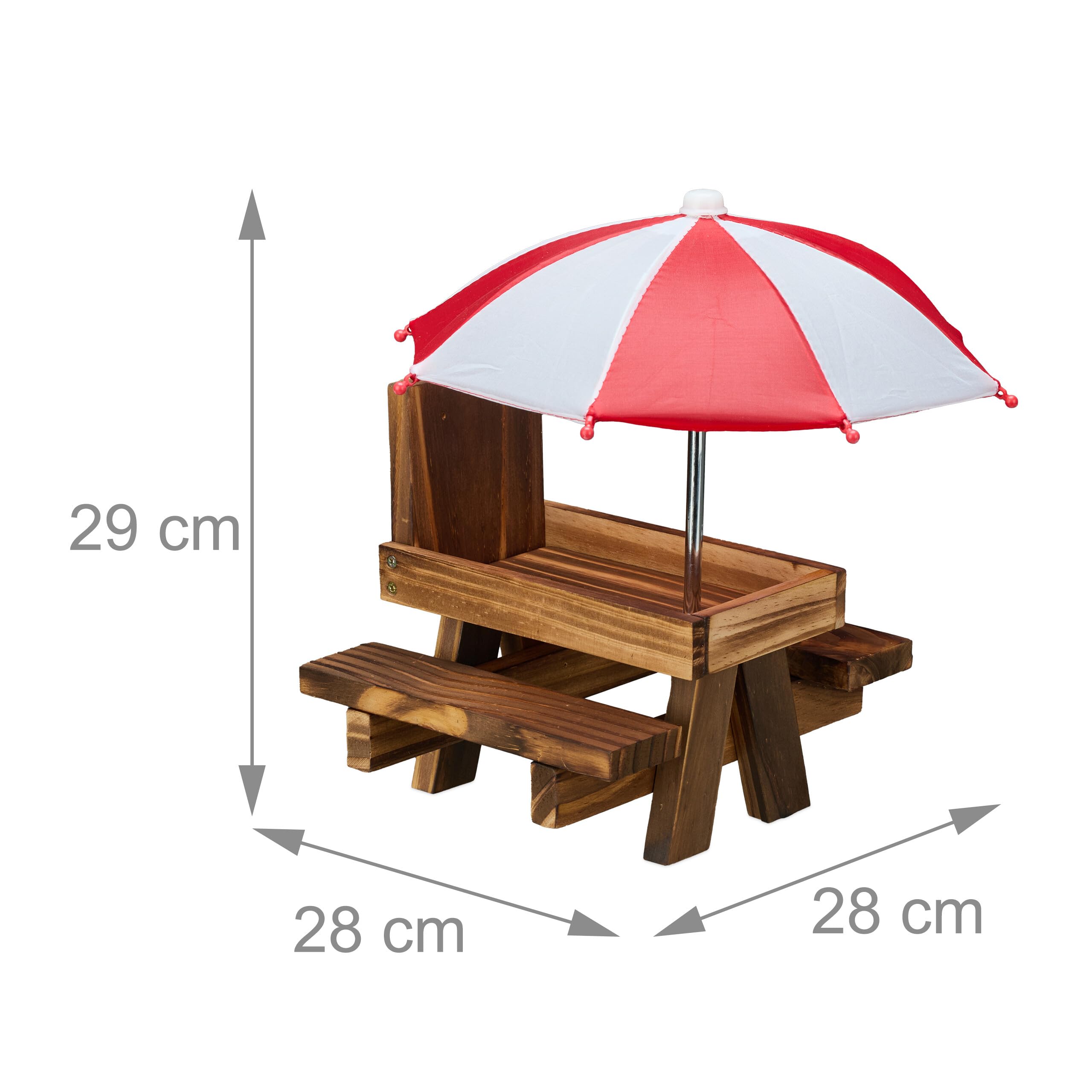 Relaxdays Stół, drewniana, ława wiewiórkowa z 2 parasolami, stół piknikowy do zawieszenia, ciemnobrązowy, 1 sztuka