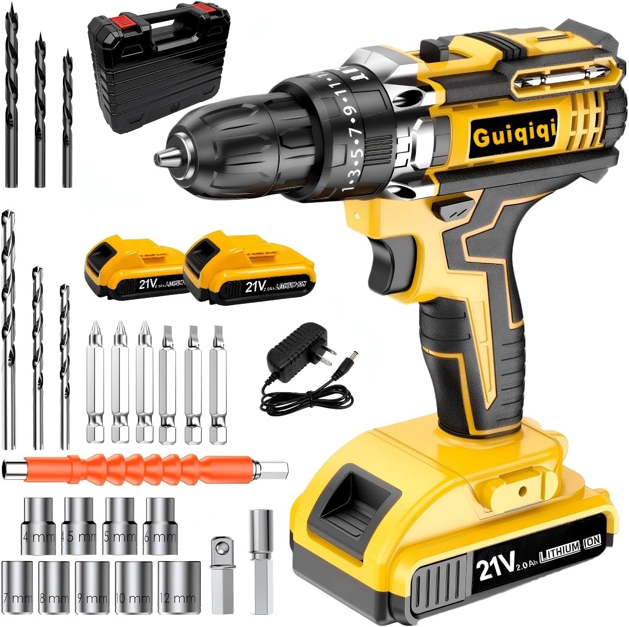 21V Cordless Drill, 2.0Ah Lithium-Ion Batteries, with Drill Bits, Socket Set, Screwdriver Bits, and Carrying Case (High Capacity 2*BatteryToolBox)