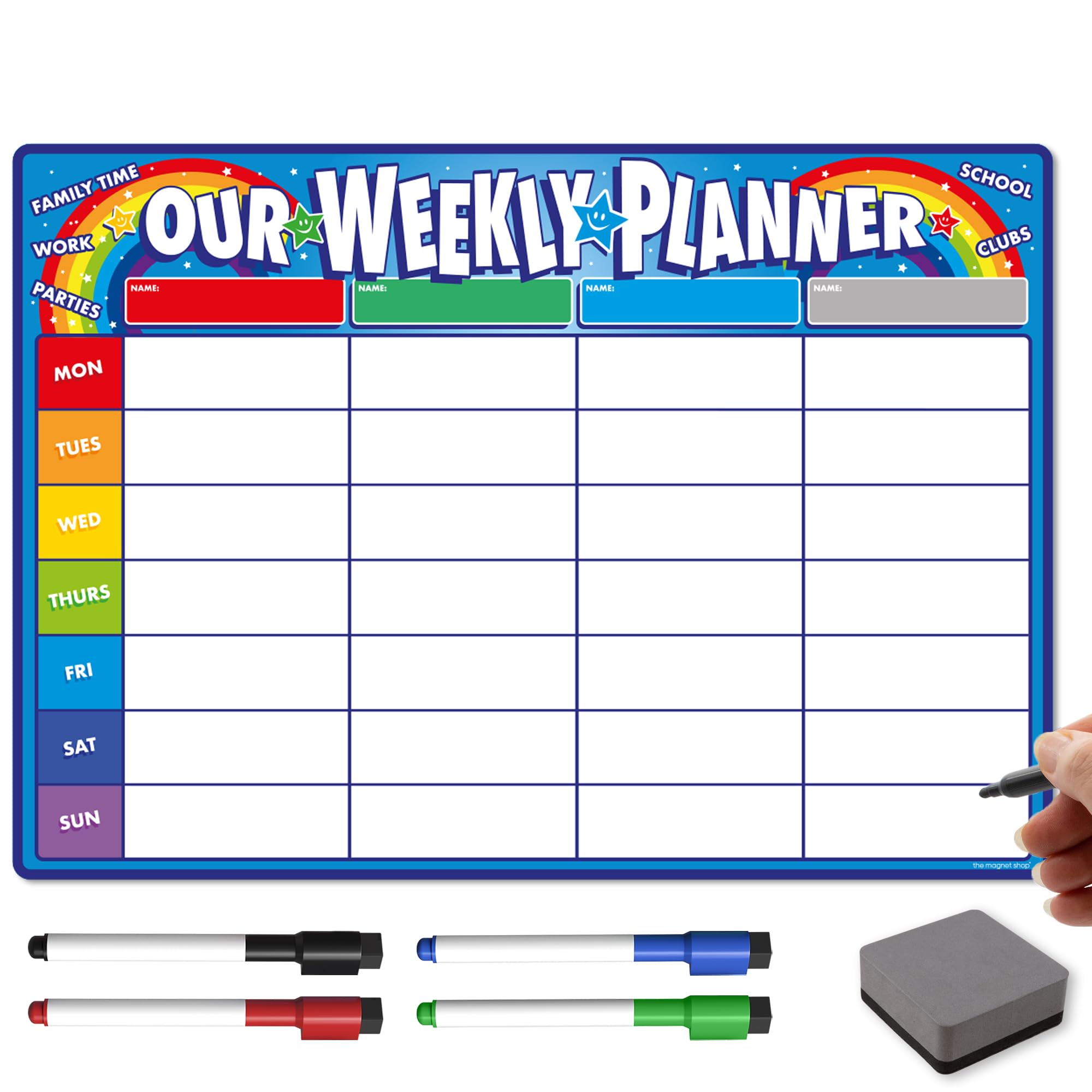 The Magnet Shop Weekly Family Planner A4 - Magnetic Dry Wipe Whiteboard for Organising Your Chores, Meals, Home, School. Use as a Fridge Magnet with 4 Multi-Coloured Pens and Eraser (Blue, A4)