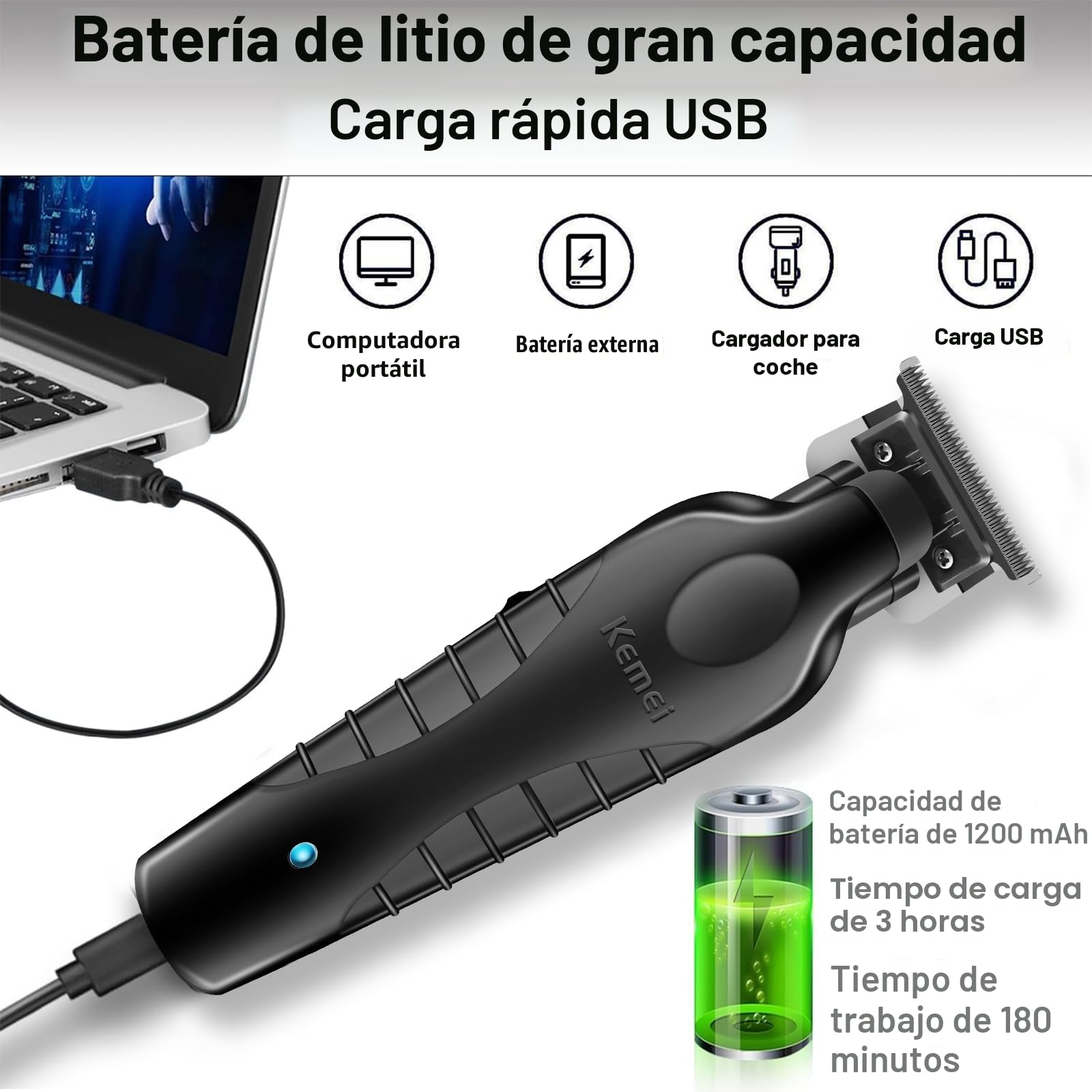 KEMEI Juego de cortadoras de pelo profesionales y afeitadoras de aluminio, cortadoras de pelo inalámbricas para hombres, kit de maquinilla de afeitar eléctrica de peluquería con cuchilla en T