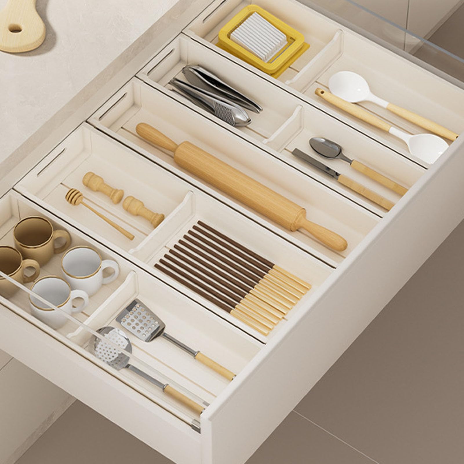Jenngaoo Range de Cuisine avec Diviseur Réglable en Aluminium, Anti Dérapant Tiroir à Couverts pour Bols, Fourchettes, Ustensiles de Cuisine (15x46cm Milk White Cutlery Tray)