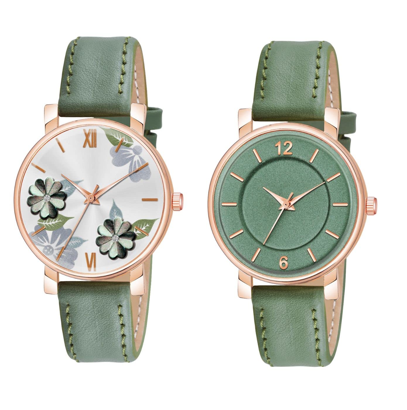 KIARVI GALLERY Analogue Pack of 2 Flowered and 6 to 12 Antique Dial Unique Designer Leather Strap Womens and Girls Watch (Green-Green) (B0BNDGVQNX) Amazon Price History, Amazon Price Tracker