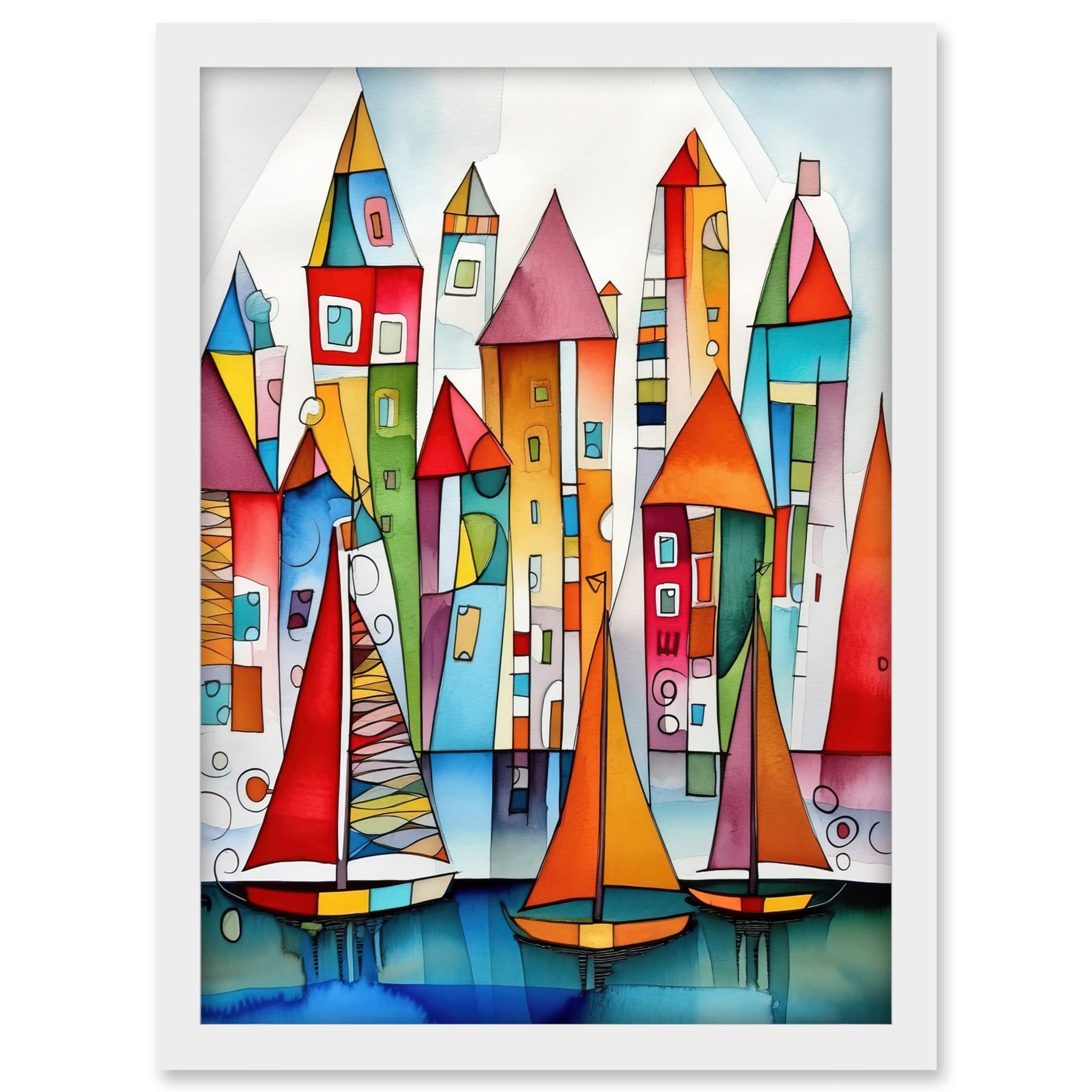 Artery8 Modern Marina Colourful Port Folk Art Watercolour Painting Artwork Framed A3 Wall Art Print