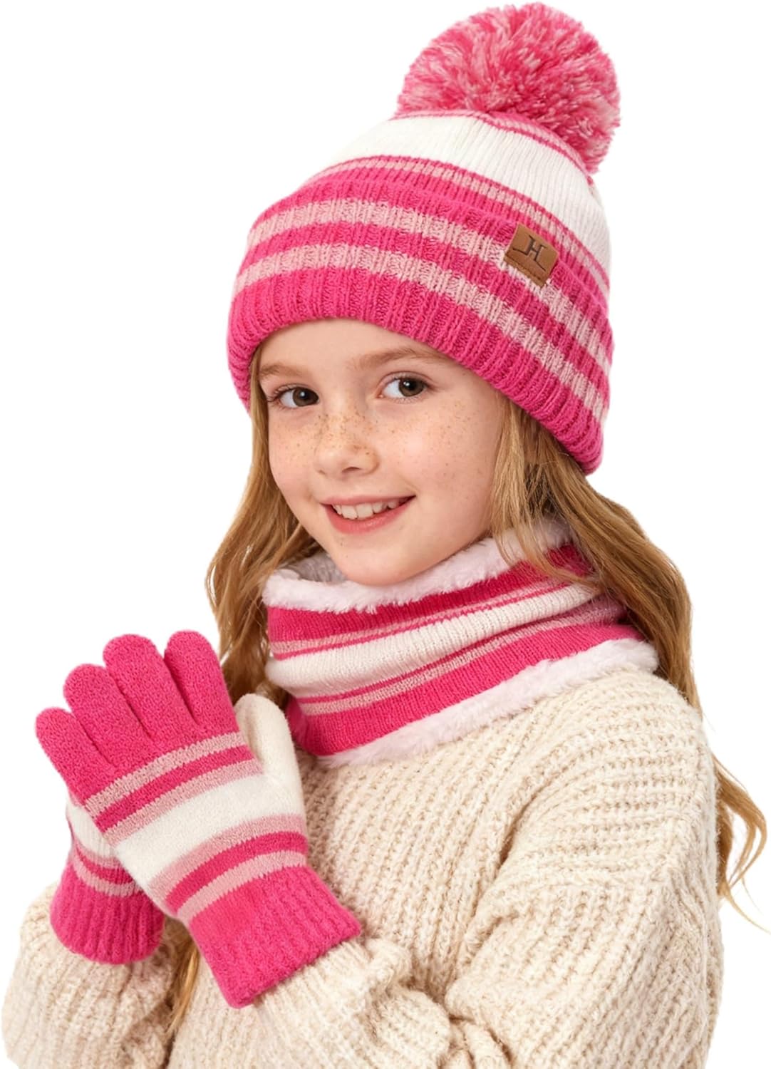 Kids Hat And Gloves Set, Toddler Winter Hat Beanie Scarf Neck Warmer Gaiter Gloves Mittens For Boys Girls Ages 6-8 5t