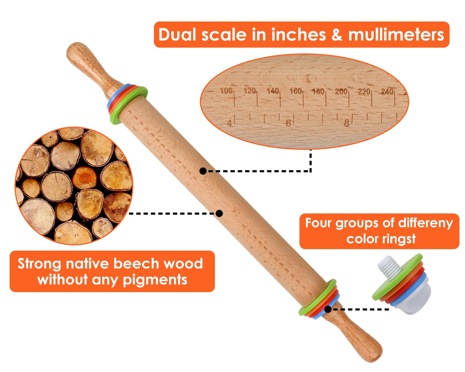 Nudelholz mit 4 einstellbaren Dickenringen 13,6 Zoll Holz Teigroller für Küche, Backen, Teig, Kekse, Kuchen, Fondant, Pizza und Kuchenkruste