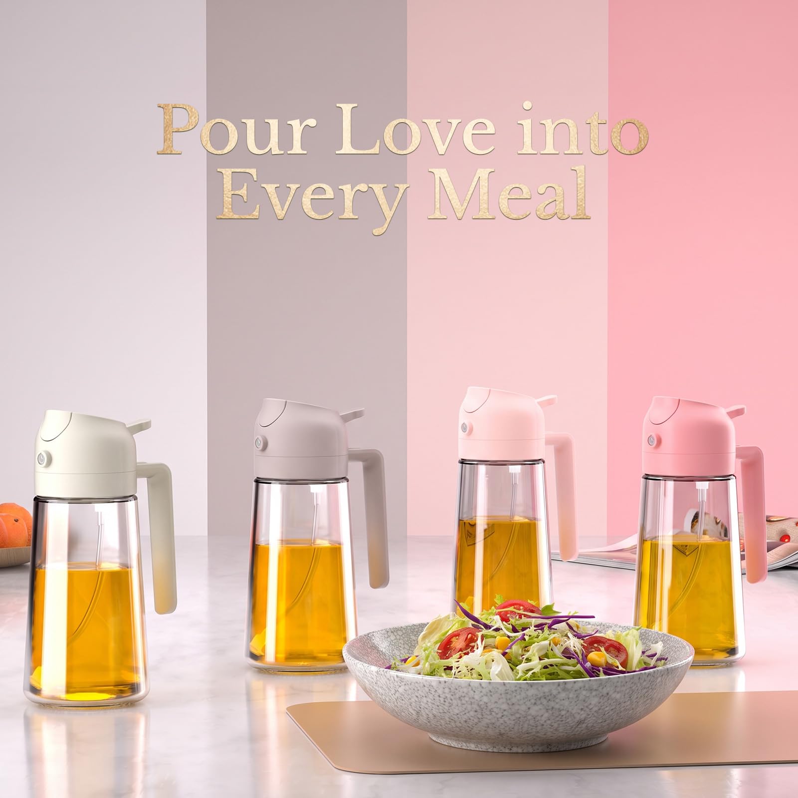 YARRAMATE 4er-Pack 16 oz Glas-Olivenölzerstäuber für Kochen, 2-in-1 Ölzerstäuber & Spenderflaschen-Set mit rosa Geschenkbox, Ölzerstäuberflasche für Heißluftfritteuse, Salat, BBQ – Küchenhelfer.