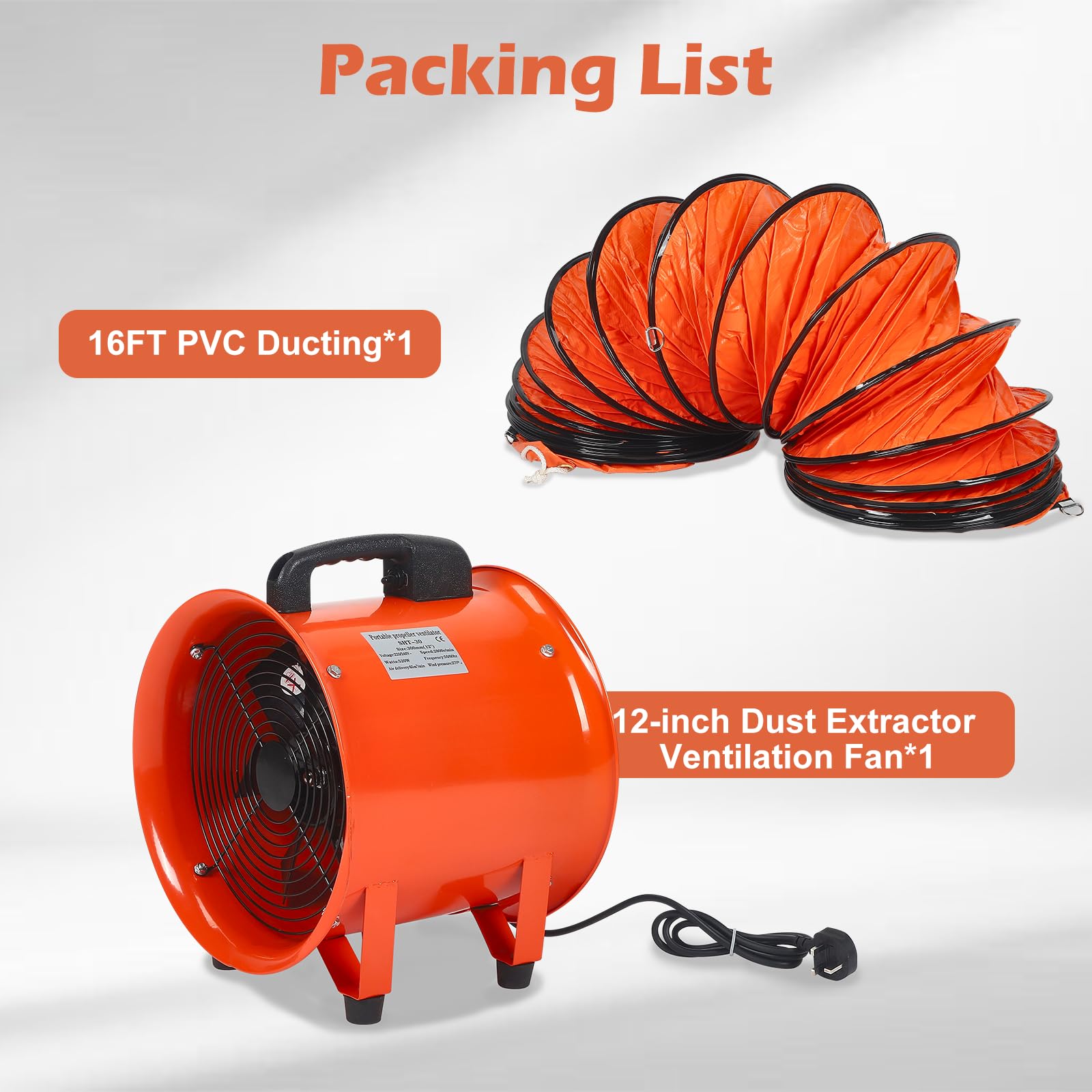 12 Zoll Kanalventilator 520 W, Schlauch, Werkstatt und Rauchabsauggerät, 30 cm Staubabsaugung mit 5 m Schlauch, für Werkstätten, Schweißkabinen, Fabriken und Badezimmer