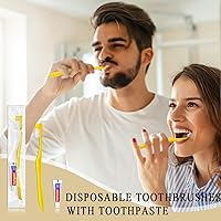 Vista 2 de Cepillos de dientes desechables con pasta de dientes, paquete de 30 cepillos amarillos huecos envueltos individualmente, kit de cepillos de dientes