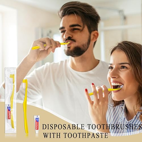 Miniatura 2 de Cepillos de dientes desechables con pasta de dientes, paquete de 200 cepillos amarillos huecos envueltos individualmente, kit de cepillos de viaje