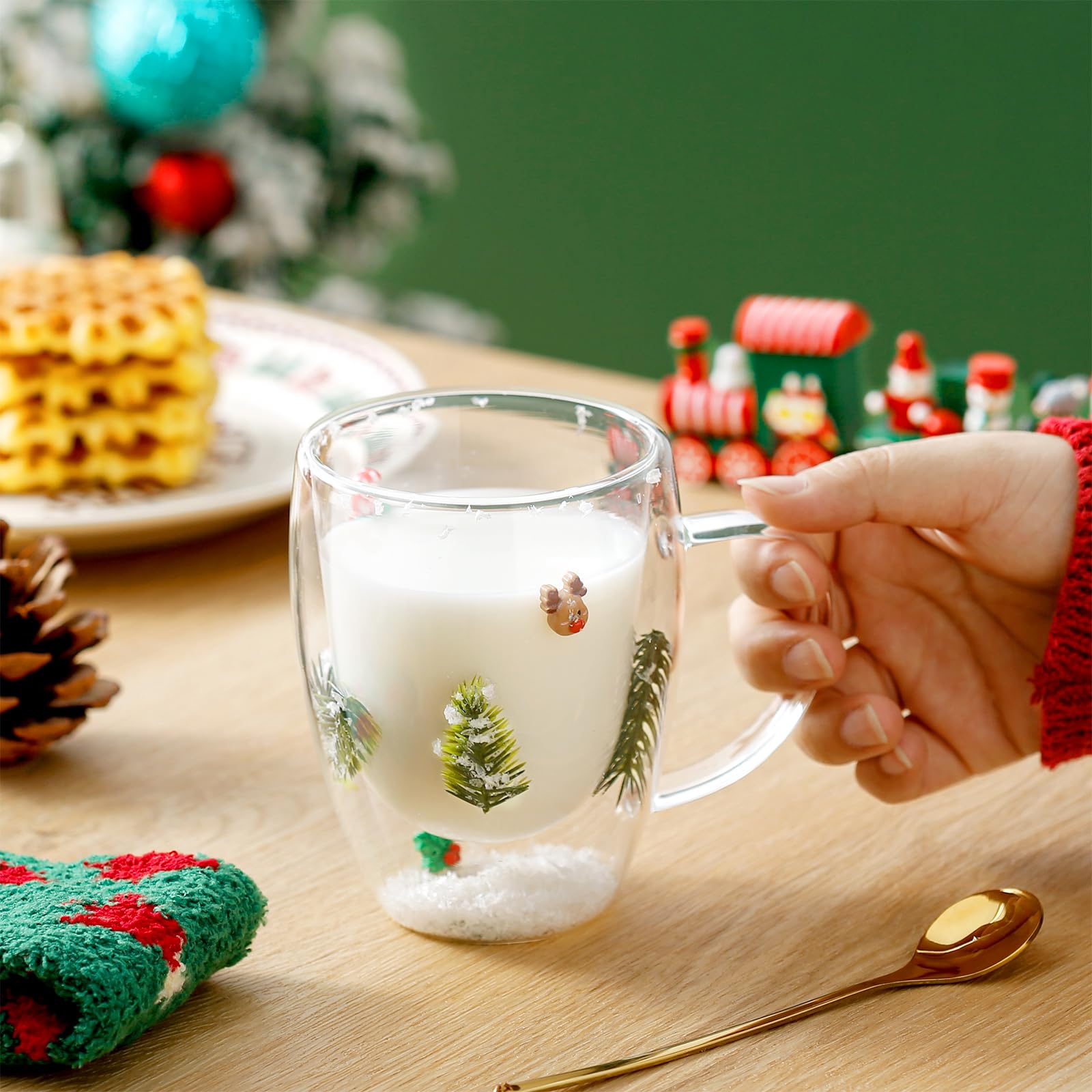 Binoster Christmas Gifts for Women Men Cute Snowflakes Glass Espresso Cups with Handle Xmas Socks Funny Double Walled Coffee Mugs Christmas Decorations Gifts for Mom Friends Kids Grandma - Image 2