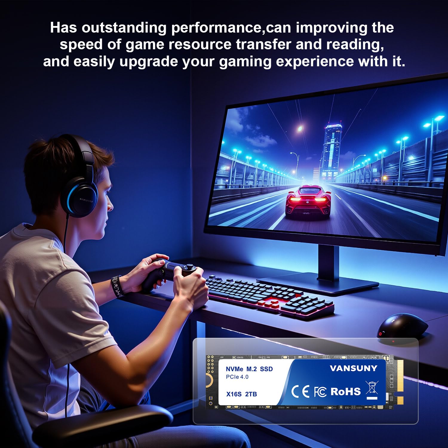Vansuny Unità SSD NVMe M.2 da 2 TB, PCIe 4.0 M.2 2280, velocità fino a 7.300 MB/s con dissipatore di calore e cacciaviti per PC Gaming Design High End Computing
