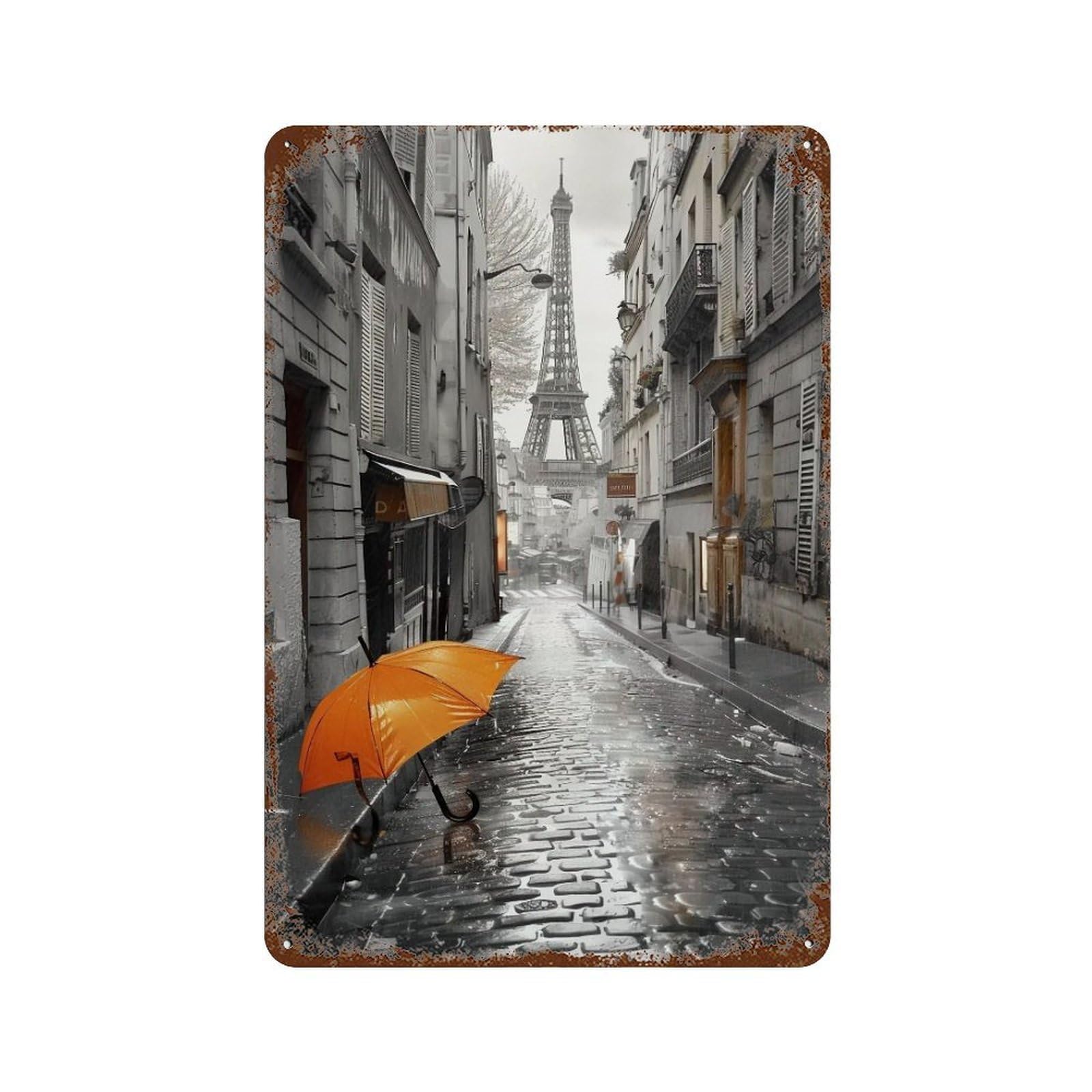 HDURYEYRYY Orange Umbrella Rainy Paris Alley 03 Wall Retro Iron Vintage Art Metal Tin Sign Poster Modern Home Cofffee Club Art Bar Shop Decor 30x20cm