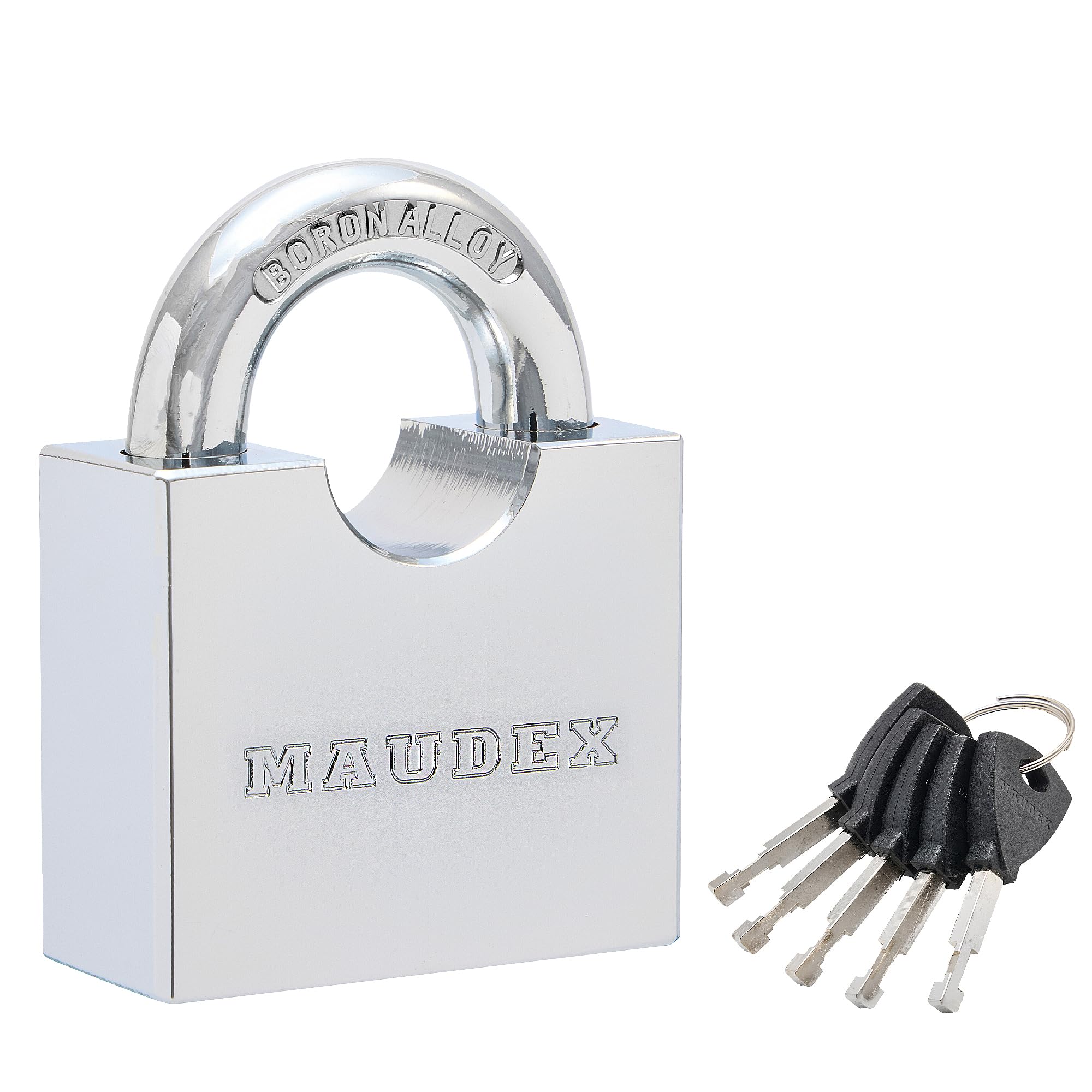 Maudex® RPB45 Heavy Duty Padlock with 5 Keys - 9mm Cut Resistant Hardened Shackle - Weatherproof Chrome Body