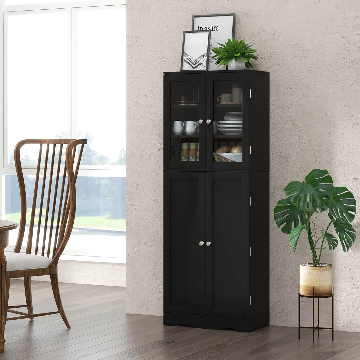 Giantex 63.5" Pantry Organizers and Storage, Freestanding Tall Storage Cabinet for Kitchen Bathroom Living Room Office, Wooden Utility Cupboard with Glass Doors & Shelves, 12.5"x24"x63.5" (Black)