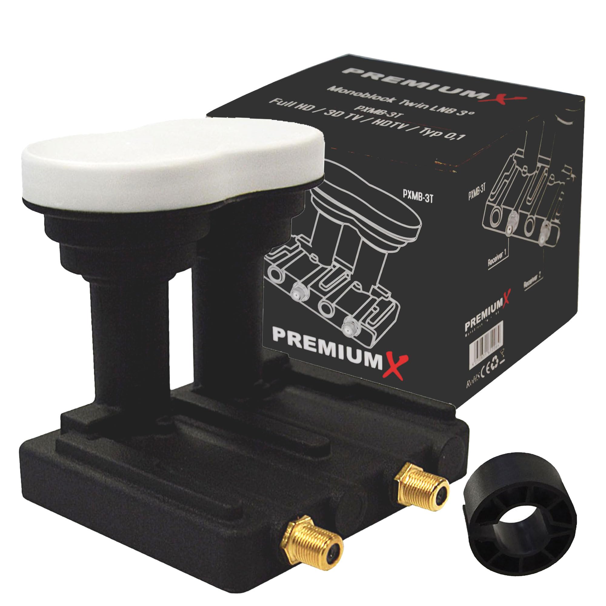Premium X Monoblock Twin LNB 3 ° PXMB-3T 0.1 dB Astra 19.2 ° Eutelsat 16 ° HDTV FullHD UltraHD 4K 3D Adecuado para 2 participantes