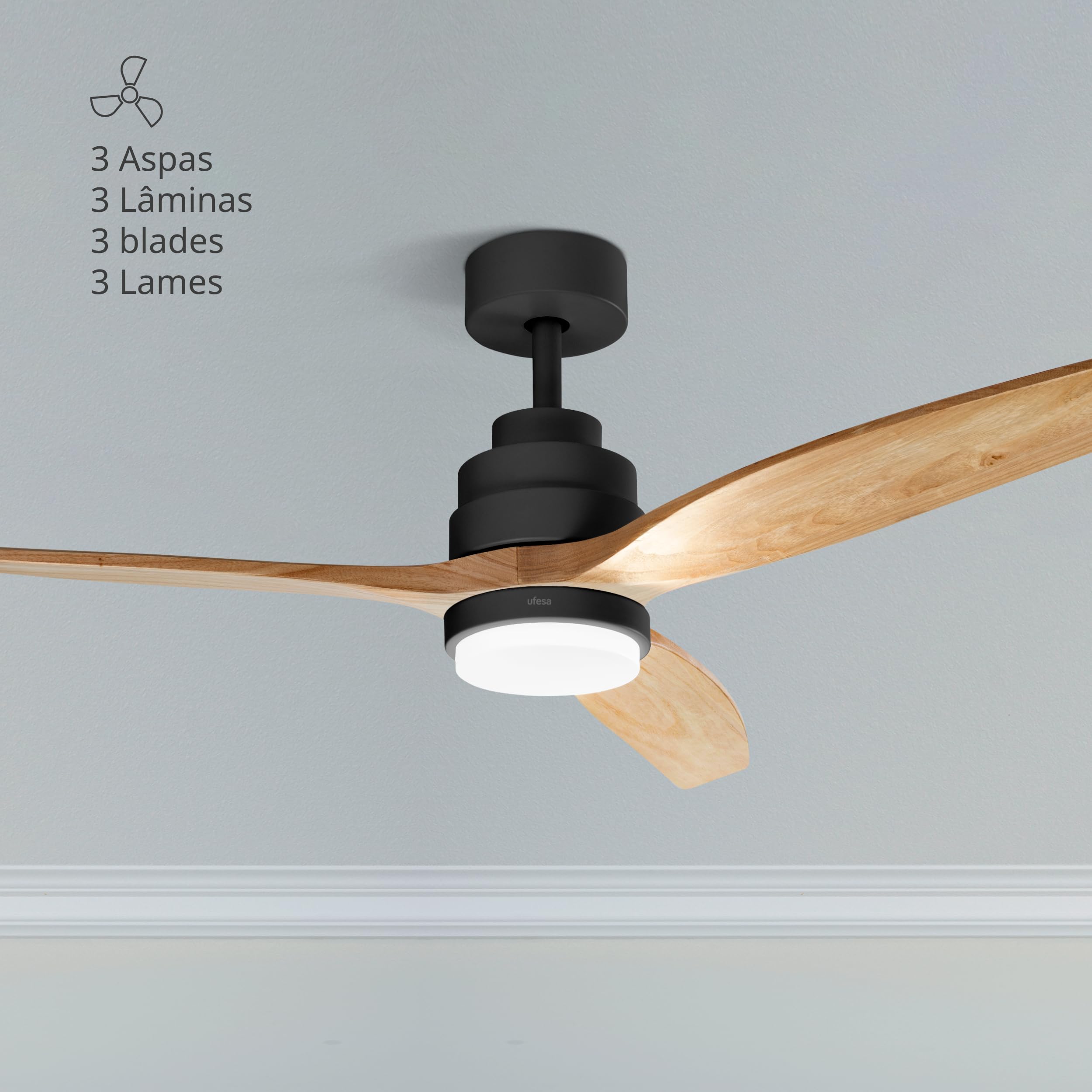 Ufesa Ventilador de Techo con Luz LED, 40W, 6 Velocidades, Ultra Silencioso, 3 Aspas Madera Natural 132cm, Función Verano - Invierno, Temporizador 8h, 3 Niveles Luz, Mando a Distancia, Negro - Haya