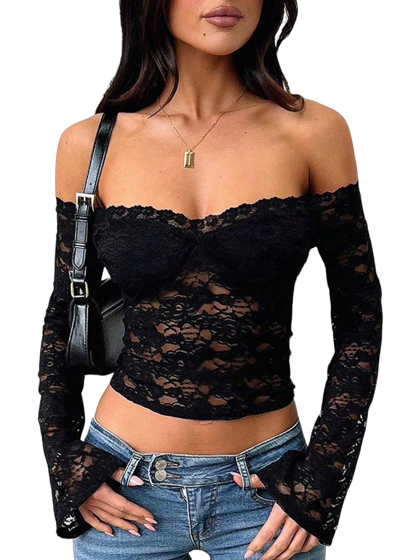 GORGLITTER Top da donna in pizzo, elegante, con spalle scoperte, in rete, trasparente, a maniche lunghe, slim fit, per feste