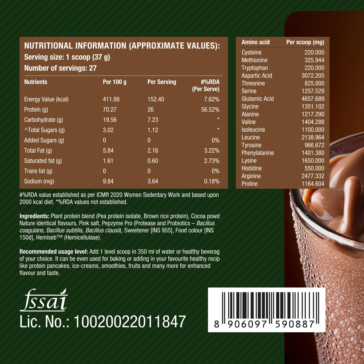 Fast&Up Plant Protein Powder with Rich Chocolate Flavour | Pea Isolate & Rice Protein | 26gm Protein Per Serve | Complete Amino Acids with 4.6g BCAA | Smooth & Tasty with No Added Sugar | Easy to Digest | Tested & Certified, 1kg Pouch 3