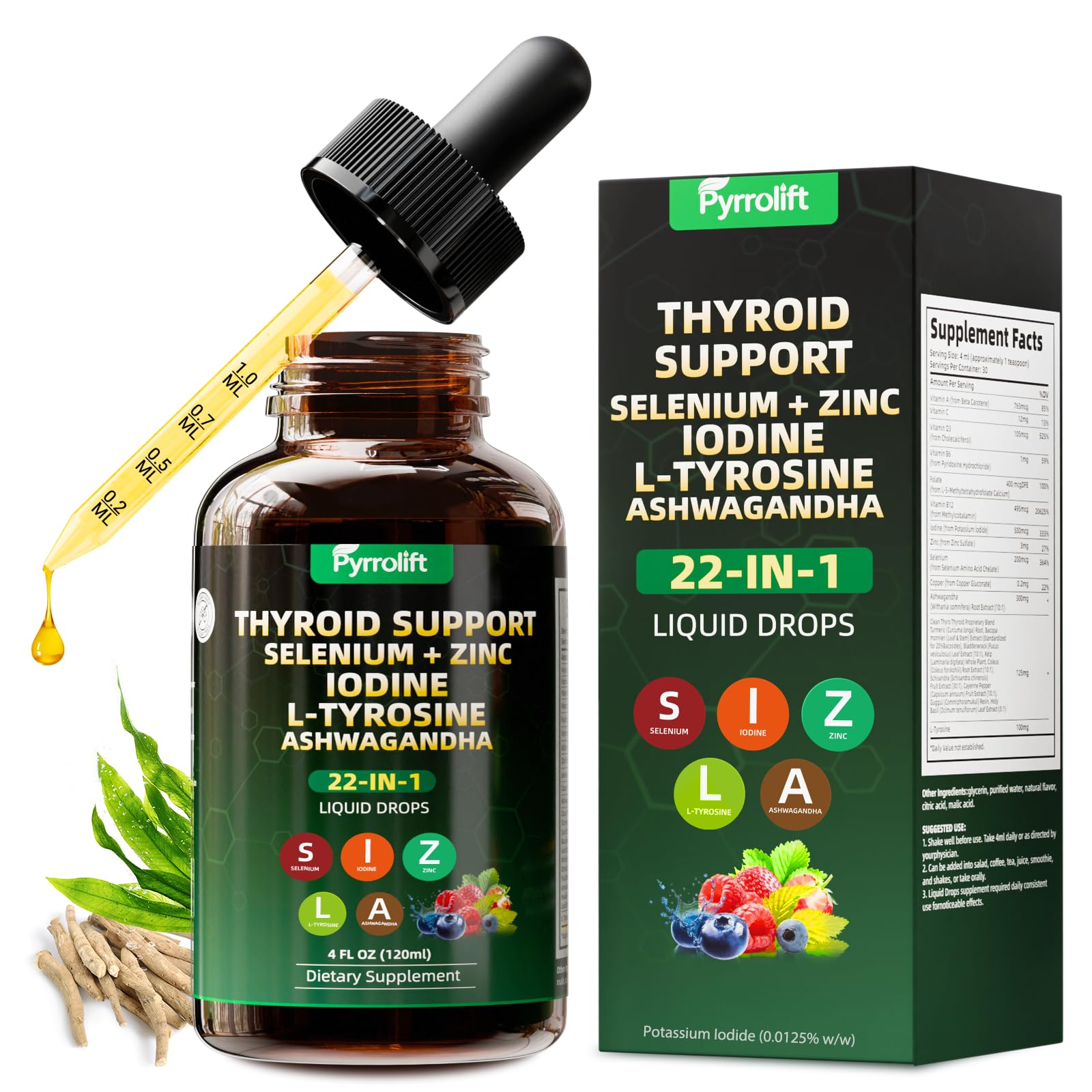 Thyroid Support Drops, Iodine Selenium Zinc L-Tyrosine & Ashwagandha, Liquid Thyroid Supplement with Vitamin B Complex, Herbal Formula, 120 mL