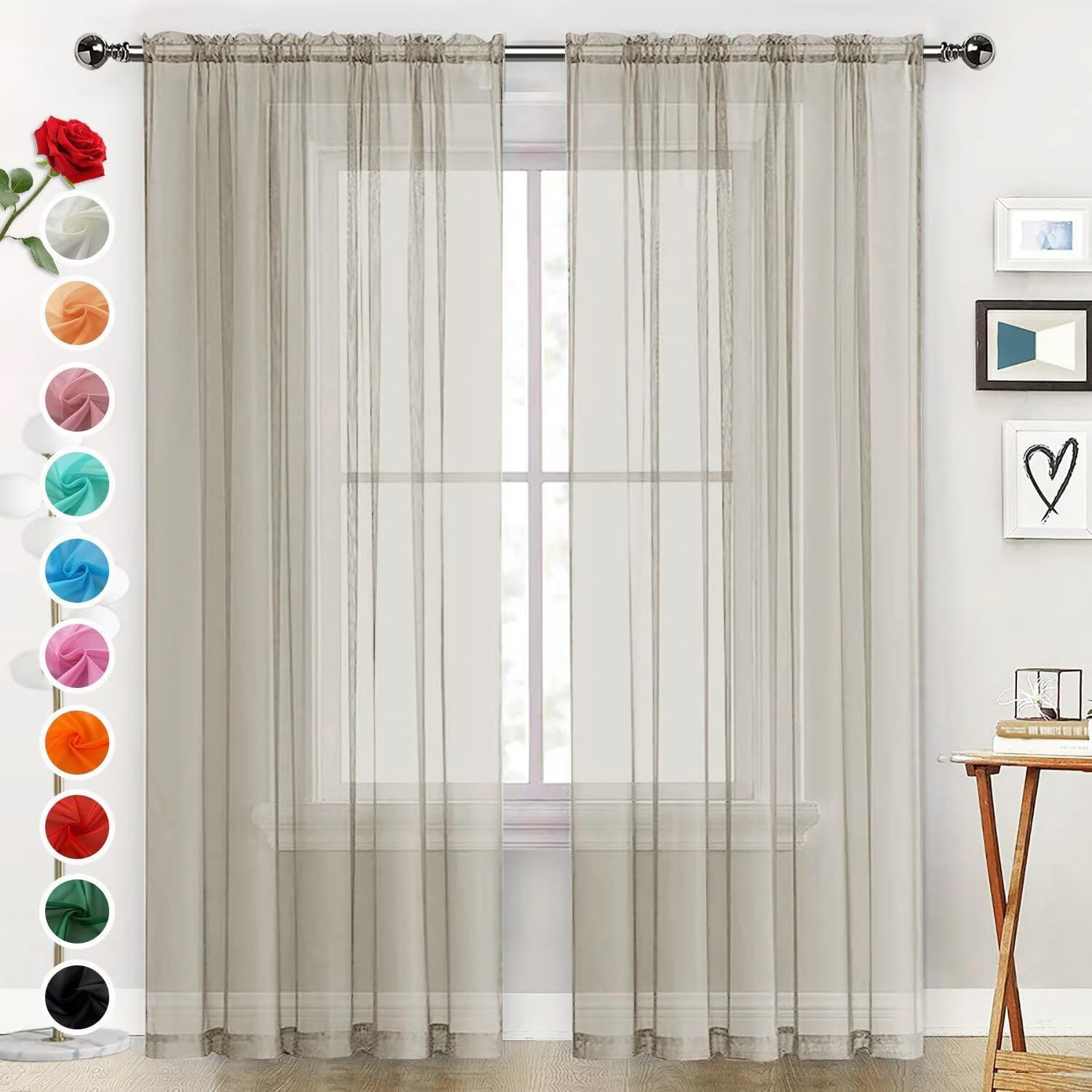 SpaceDresser Basic Rod Pocket Sheer Voile Window Curtain Panels Ancient Grey 1 Pair 2 Panels 52 Width 108 Inch Long for Kitchen Bedroom Children Living Room Yard（Ancient Grey, 52W x 108L）