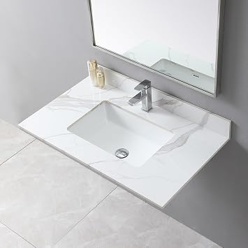 Runboll Bathroom Vanity Top 31" x 22" Sintered Stone Vanity Sink Top Single Holes with Rectangle Under-Mount Middle Ceramic Sink and 1 Backsplash