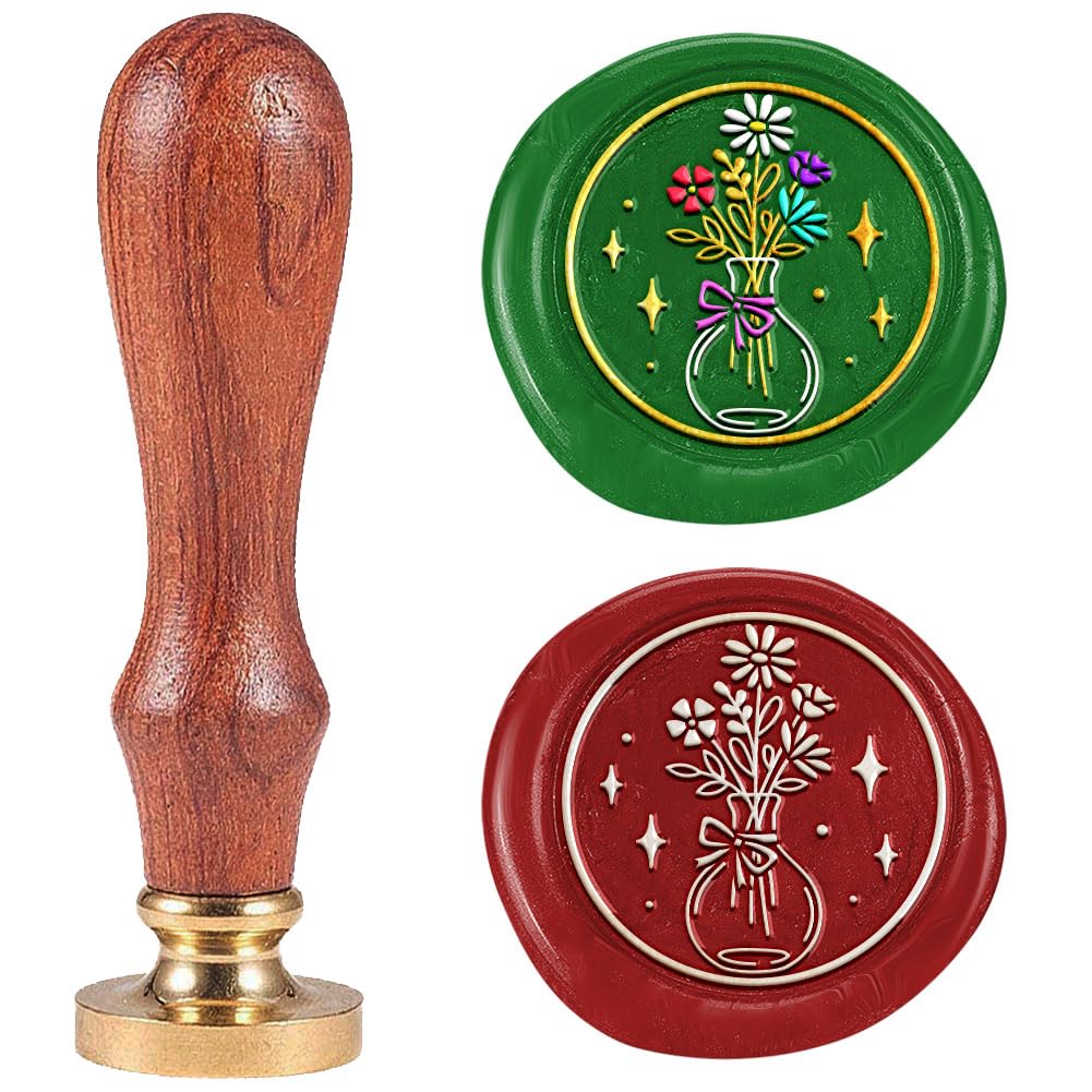 DELORIGIN Vase Wax Seal Stamp Embossed Stamp Sealing Removable 1" Flower Brass Wax Seal Stamp Head with Wooden Handle Dreamy Sealing Wax for Wedding Invitations Envelopes Gift Packing Craft