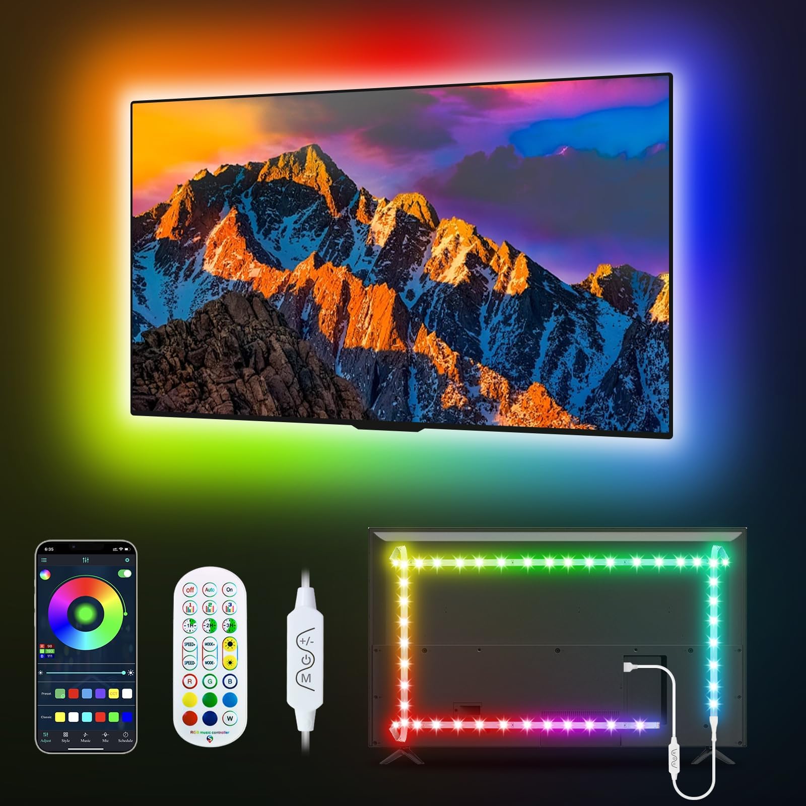 Led Strip Lights TV RGBIC LED Strips Color Changing Lights Synchronously Music Sync Built-in Mic for Bedroom Room