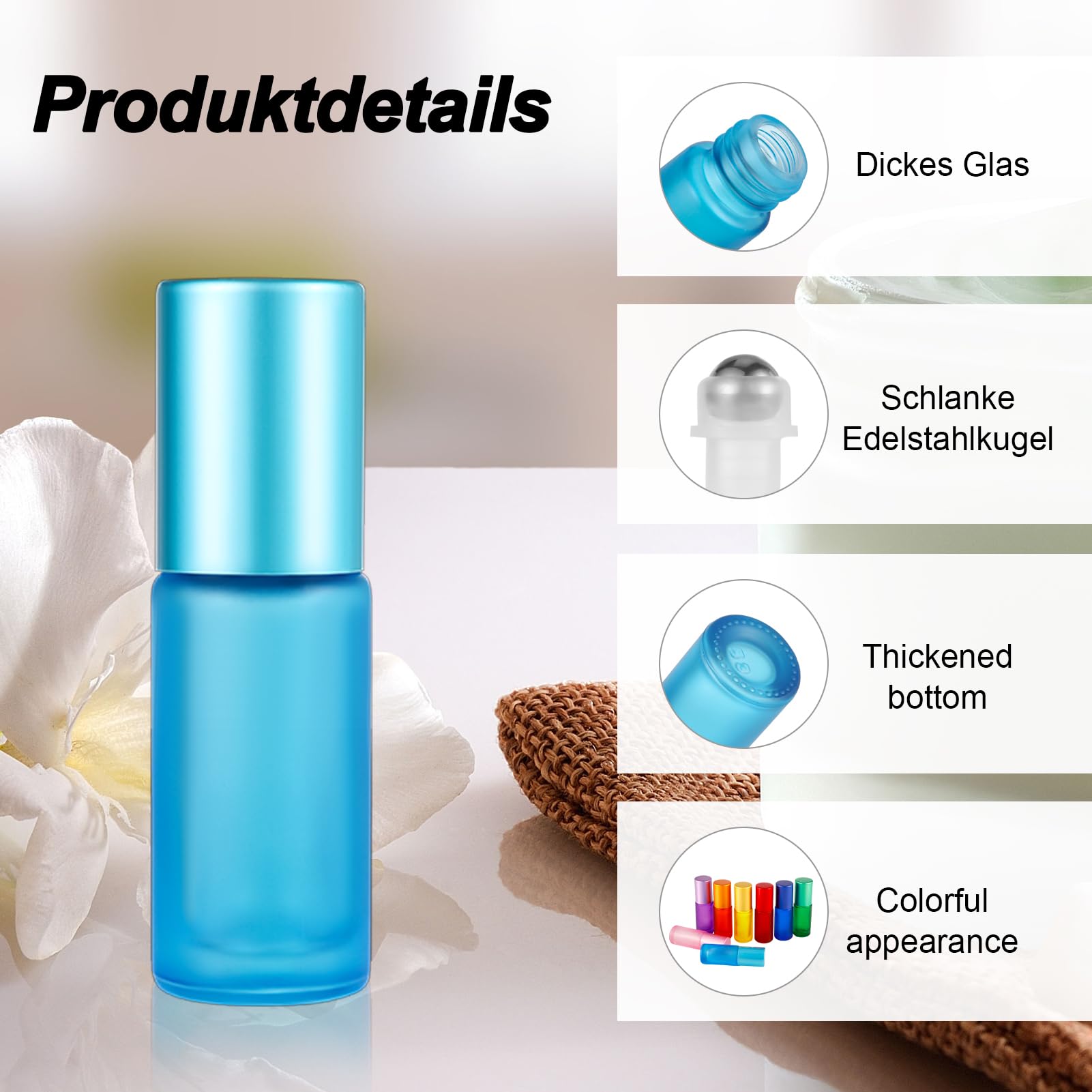 ConStore 8x5 Ml Roll-on-Flaschen Aus Glas – Bunt, Mattiert, Mit Edelstahl-Kugel, Für ätherische Öle & Aromatherapie