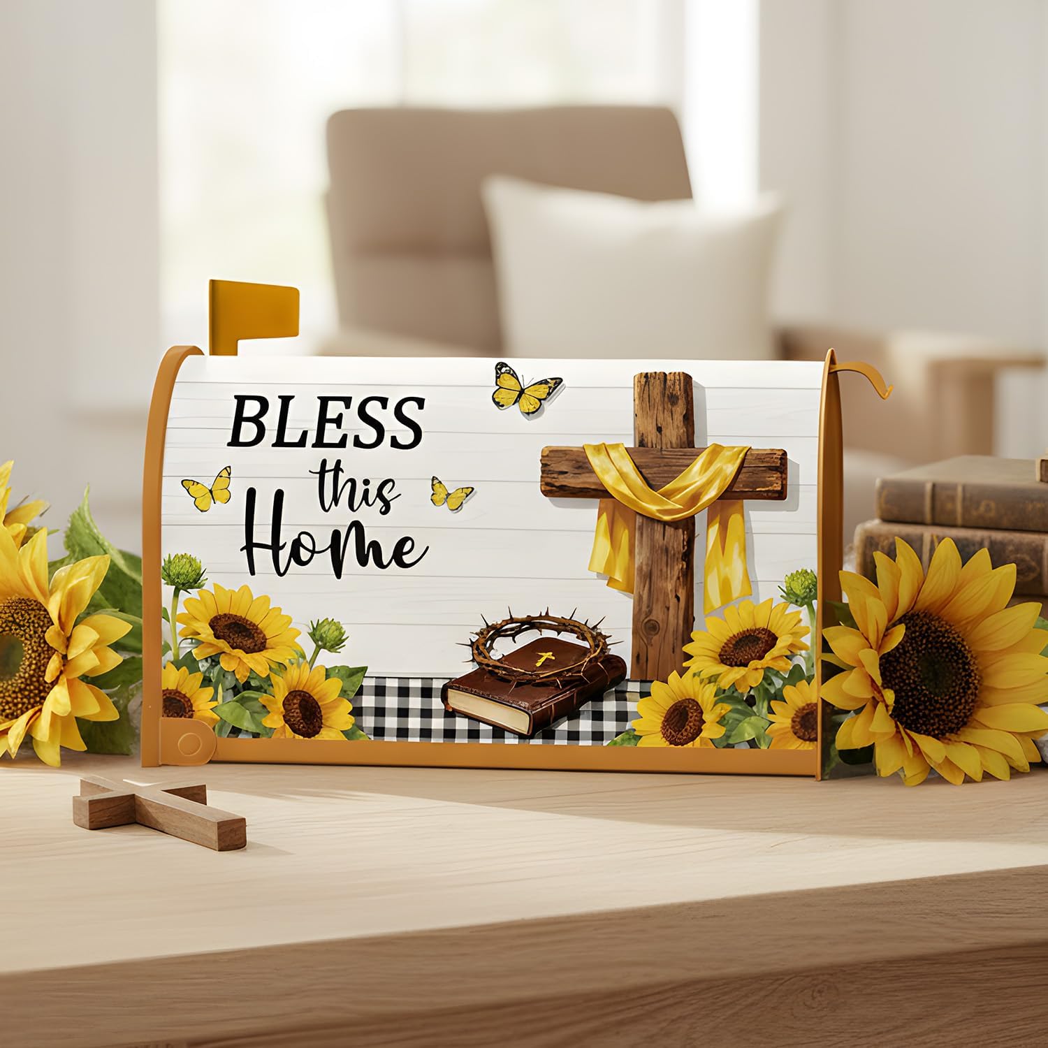Sunflower Magnetic Mailbox Covers - Bless This Home Cross Magnetic Mailbox Cover Standard Size 18x21 Inch, Religious Christian Post Letter Box Wrap Outdoor Garden Yard Home Decorations