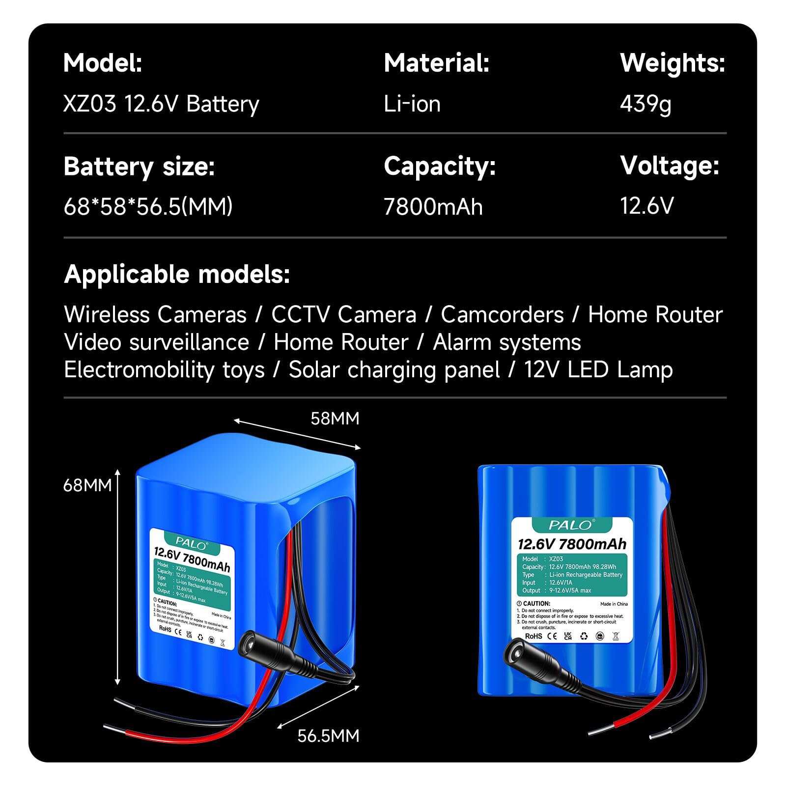 12.6V 7800mAh Batterie Lithium-ION avec Chargeur et Ligne Connexion et Adaptateur connecteur,pour Panneau Solaire,caméscopes,Surveillance vidéo,Routeur Domestique, systèmes d'alarme