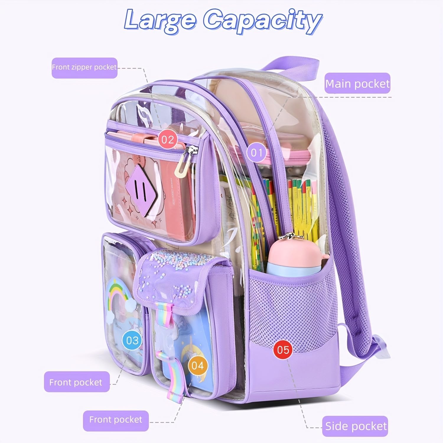 Clear Transparent Backpack for kids,Heavy Duty PVC Cute School Bookbag for Girls Boys Stadium Approved See Through Backpack (PURPLE)