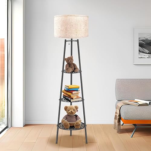 Miniatura 3 de 2 lámparas de pie negras con estantes para sala de estar, lámpara de pie, lámpara alta, Amparas elegantes para sala con pantalla de lino, lámpara de