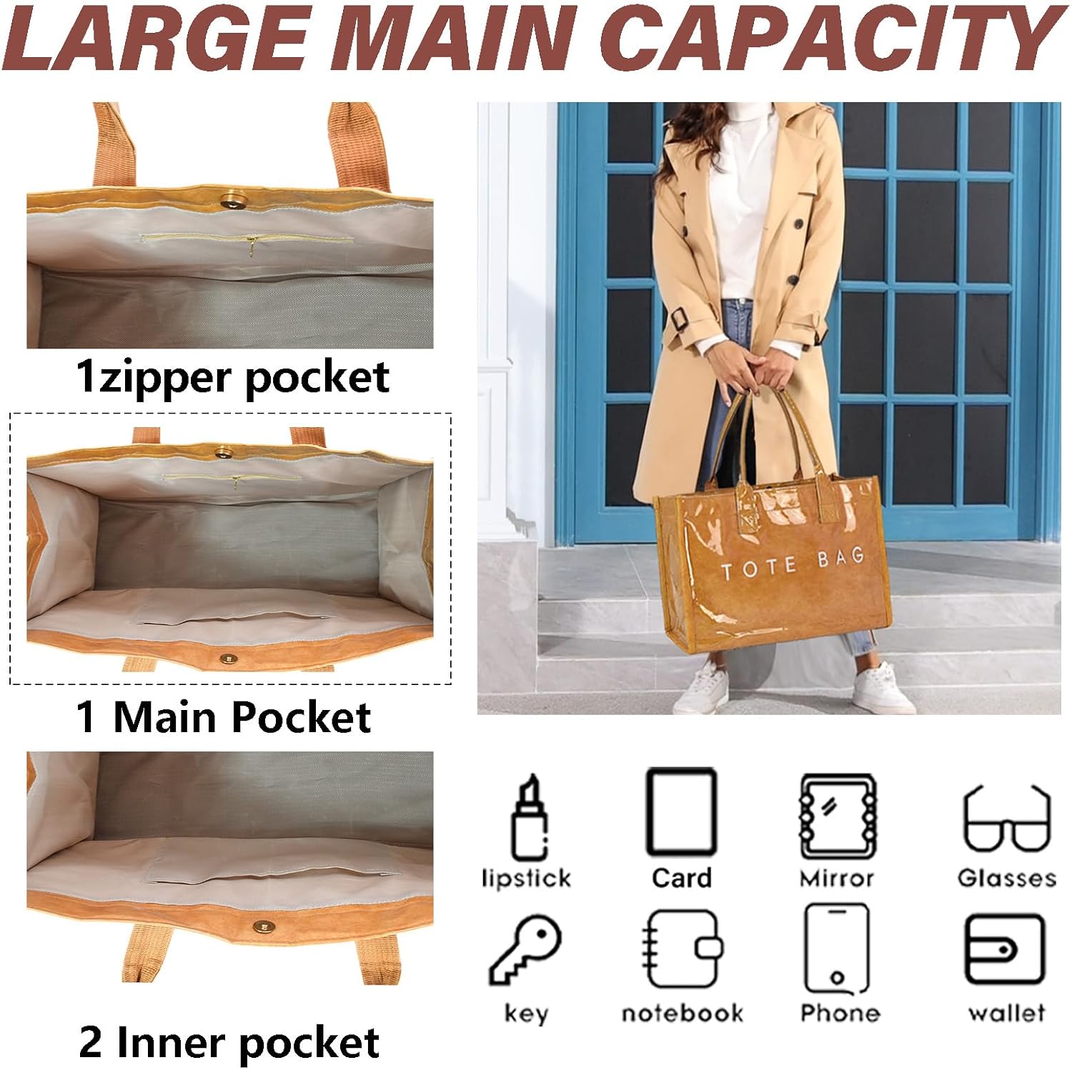 SongKedora PVC Tote Bag for Women Large Work Plastic Tote Purse Letter Print Shoulder Bag Hobo Handbag with Top Handle - Image 4