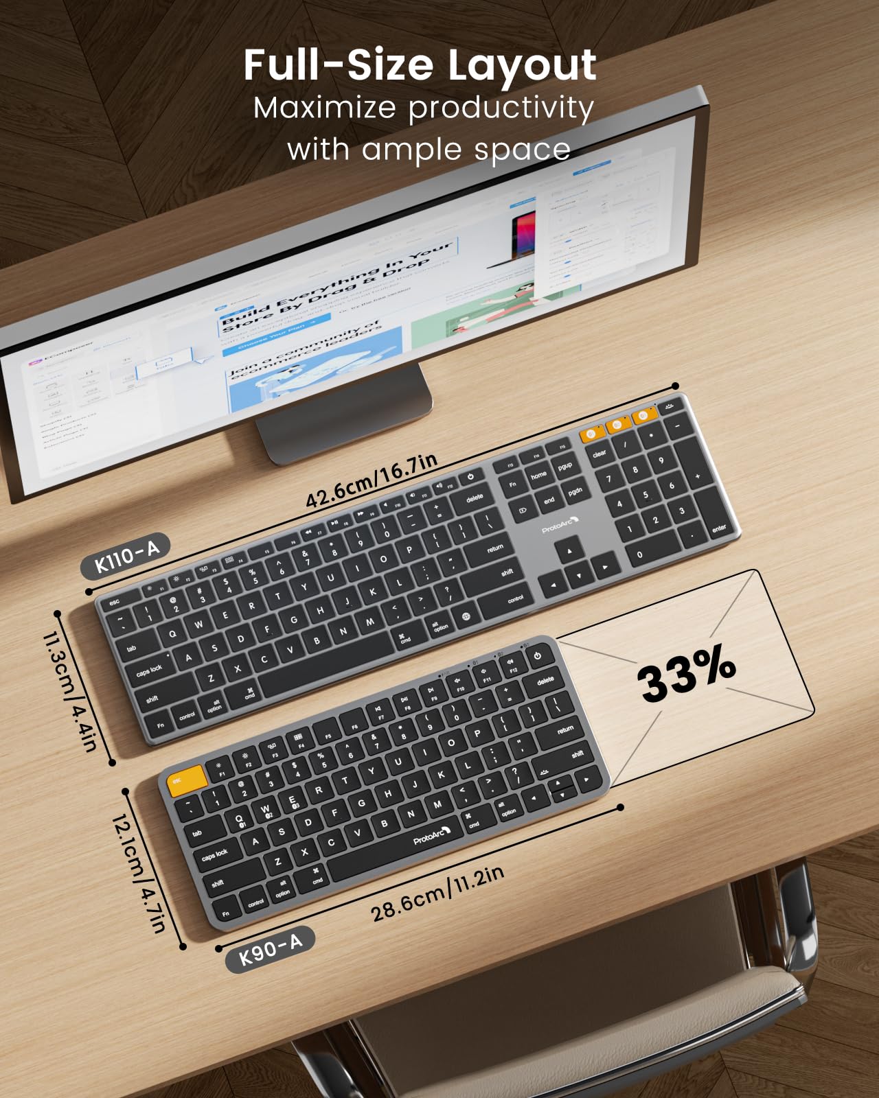 ProtoArc Tastiera wireless retroilluminata per Mac, K110-A Tastiera Bluetooth Full Size in alluminio, multi-dispositivo, basso profilo, digitazione fluida silenziosa, ricaricabile, per MacBook Pro/Air