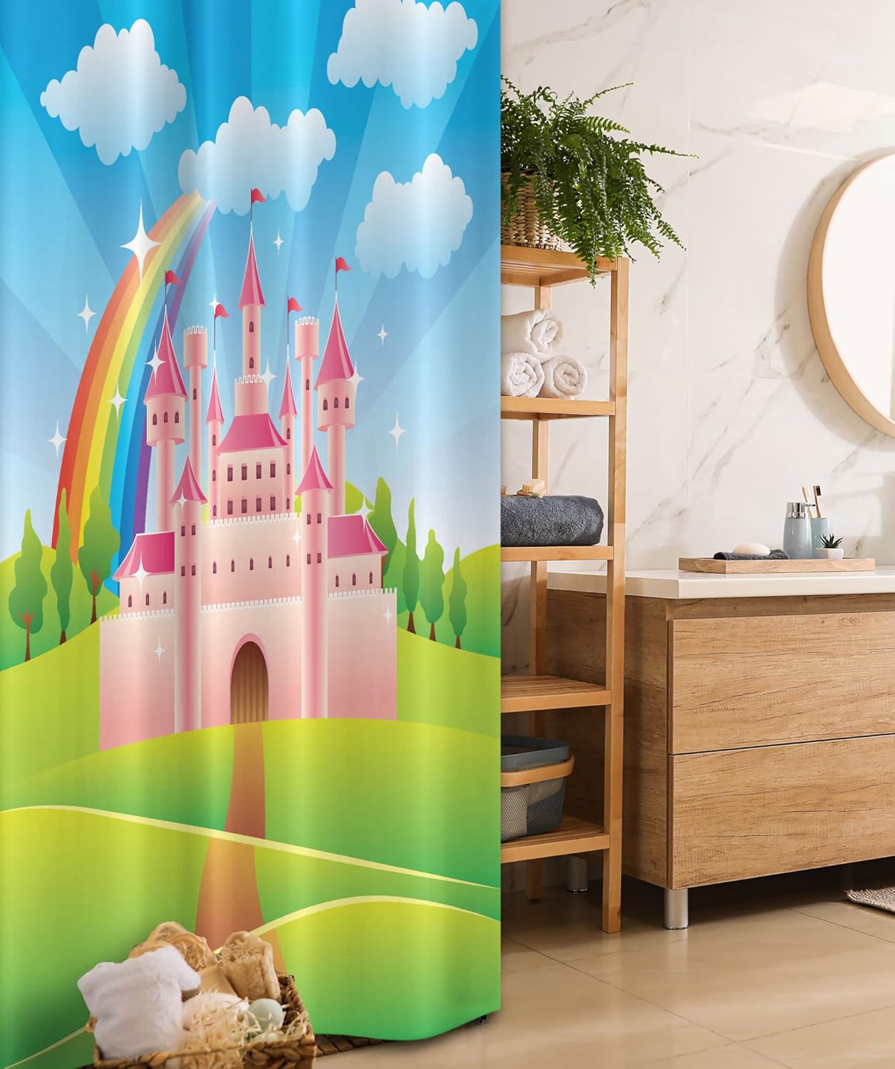 Ambesonne Feminine Stall Shower Curtain, Cartoon Style Castle Rainbow Clouds Summer Sky Colorful Design, Fabric Bathroom Decor Set with Hooks, 36" W x 72" L, Green Pink and Blue